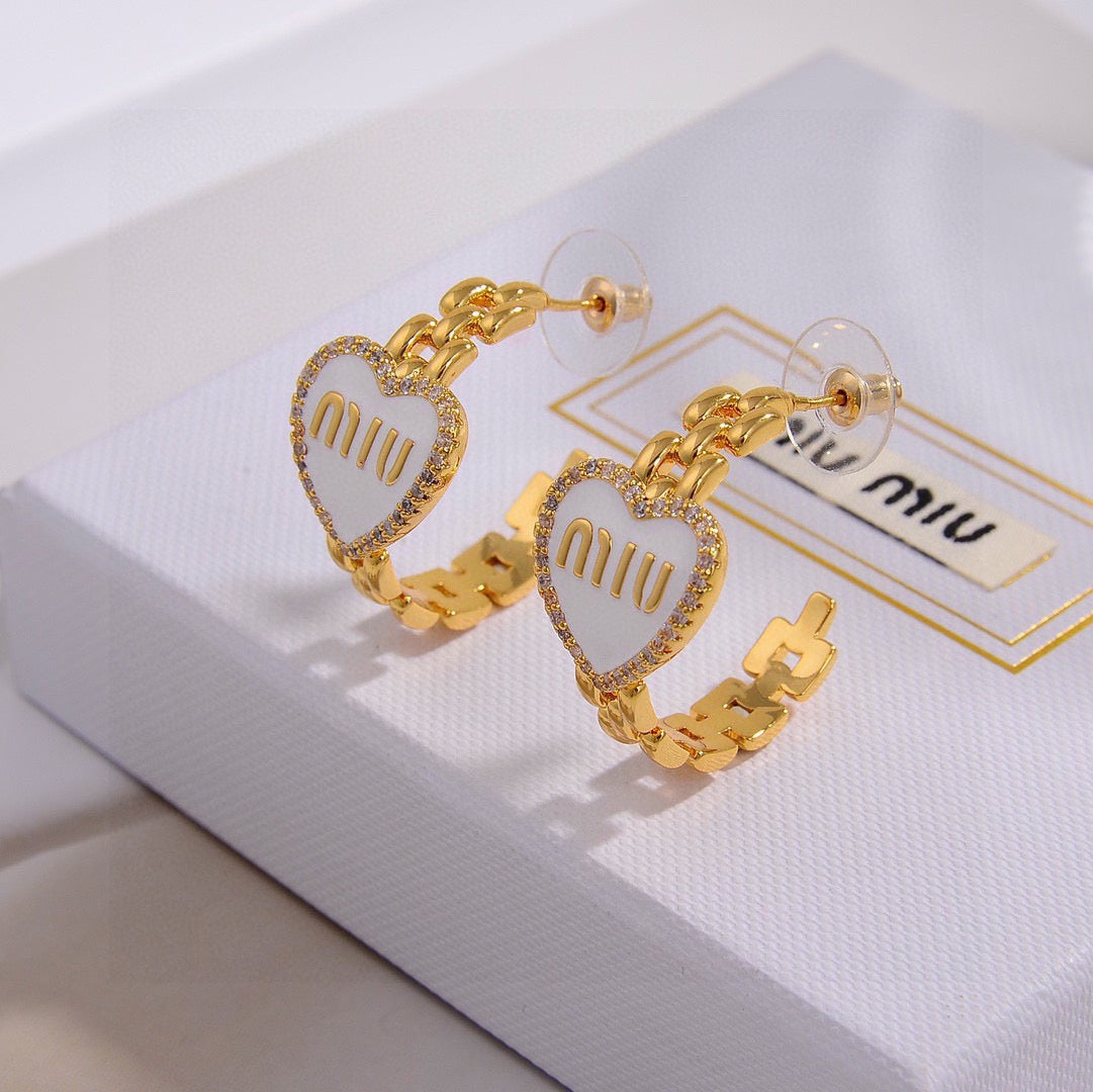 MIUMIU 26S MIU HEART LOGO HOOP EARRINGS WITH CRYSTALS IN WHITE ENAMEL AND GOLD TONE METAL 633205
