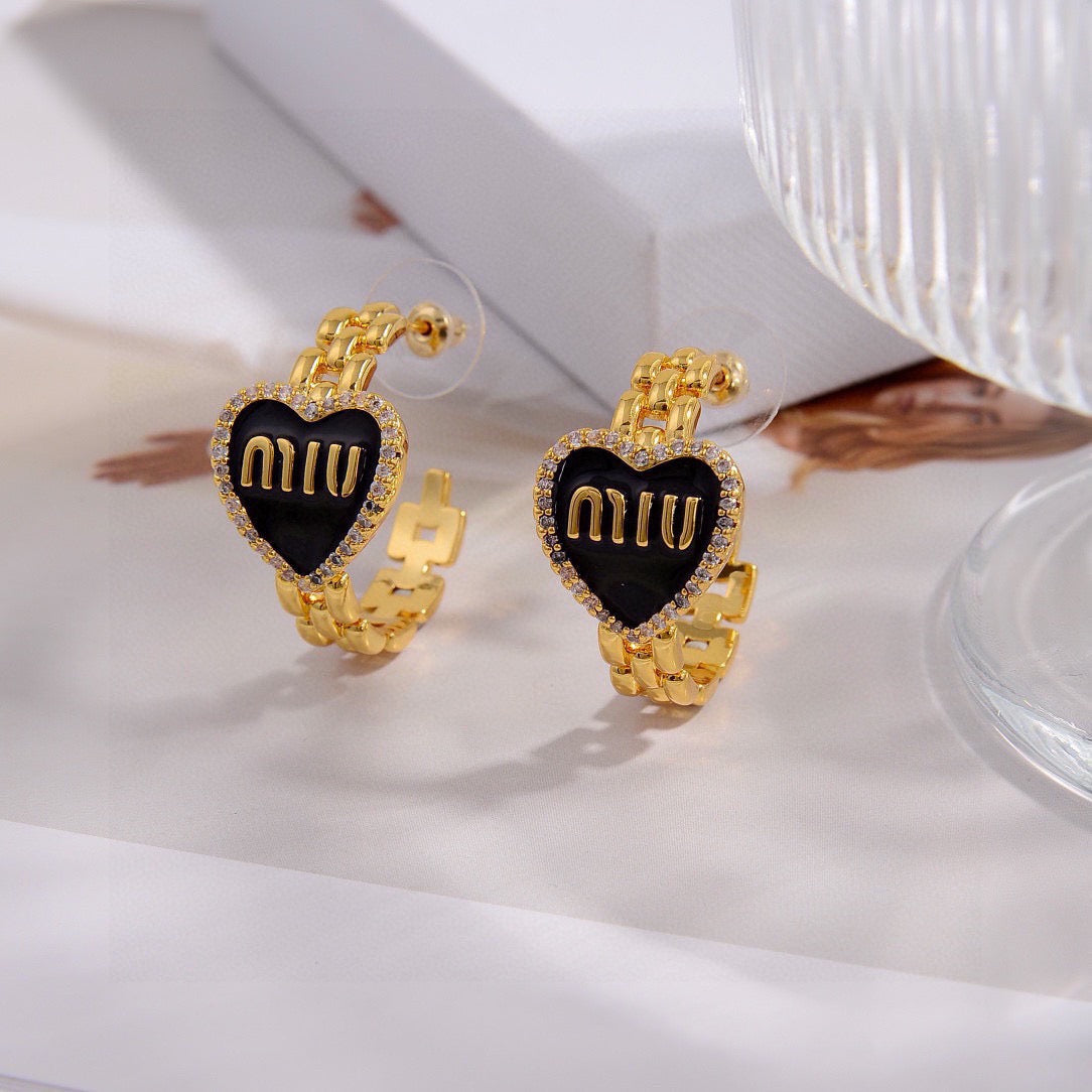 MIUMIU 26S MIU HEART LOGO HOOP EARRINGS WITH CRYSTALS IN GOLD TONE METAL 633205