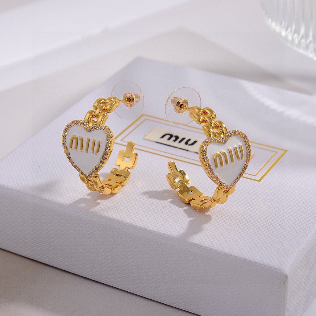 MIUMIU 26S MIU HEART LOGO HOOP EARRINGS WITH CRYSTALS IN WHITE ENAMEL AND GOLD TONE METAL 633205