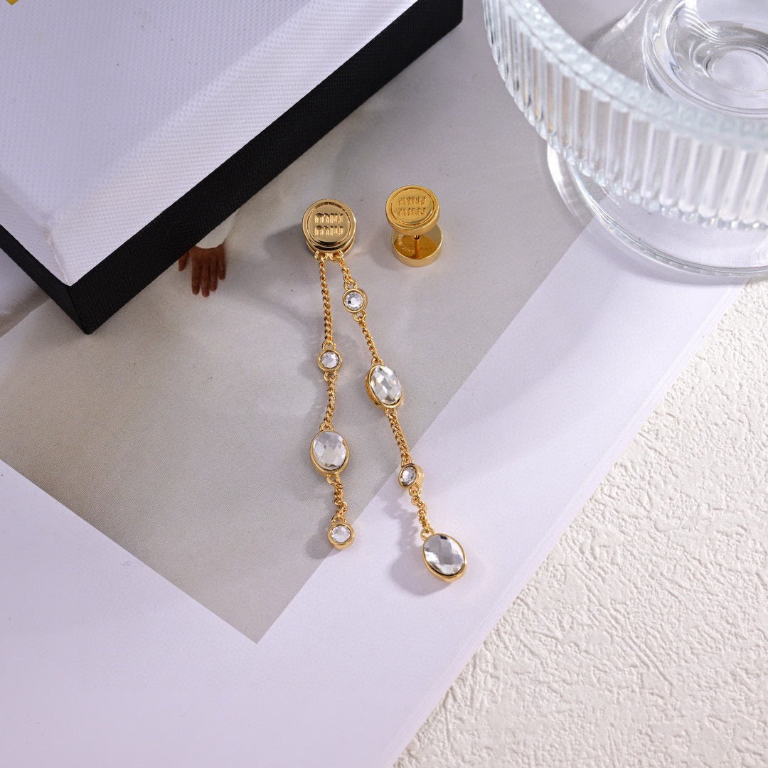 MIUMIU 26S CRYSTAL CHAIN DROP EARRINGS IN GOLD TONE METAL 633263