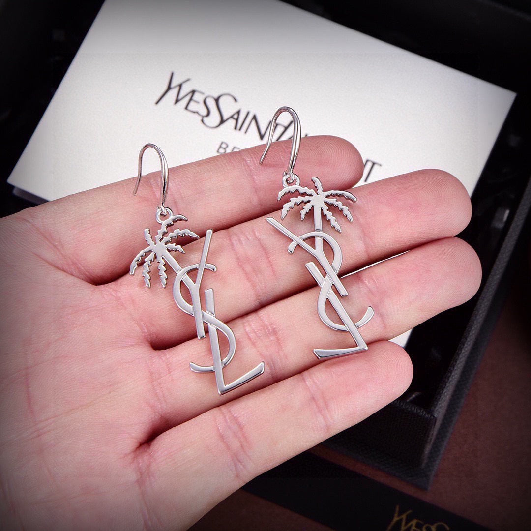 YSL 26S PALM TREE LOGO DROP EARRINGS IN SILVER TONE METAL 634997