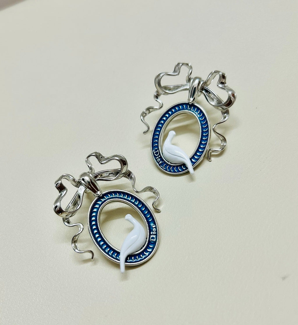 CD 26S TOILE DE JOUY BIRD BOW DROP EARRINGS IN SILVER TONE METAL 644371