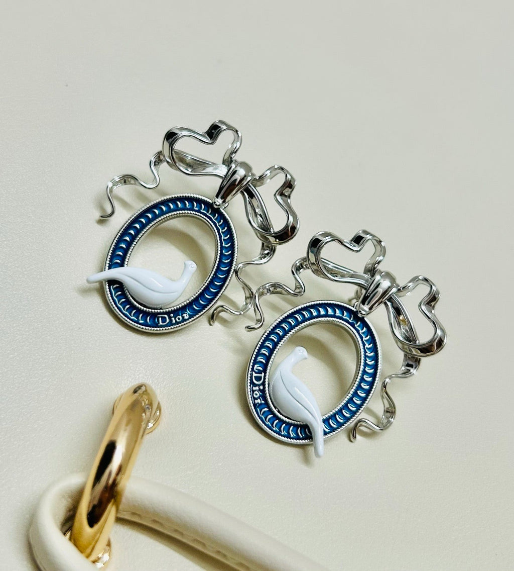 CD 26S TOILE DE JOUY BIRD BOW DROP EARRINGS IN SILVER TONE METAL 644371