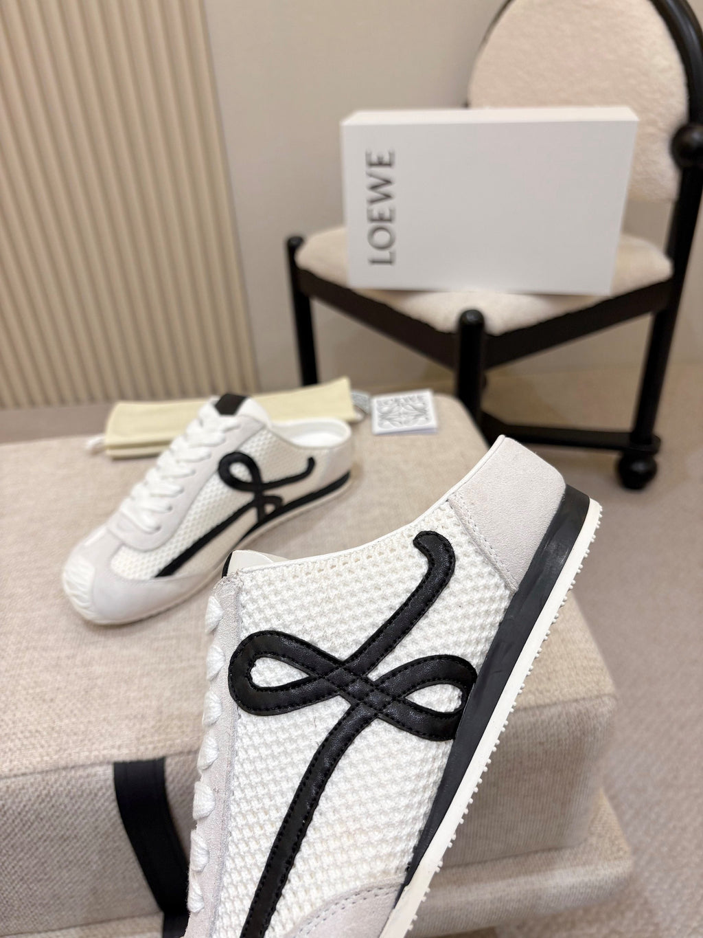 LOEWE 26S MULE SNEAKERS IN WHITE BLACK SUEDE AND MESH