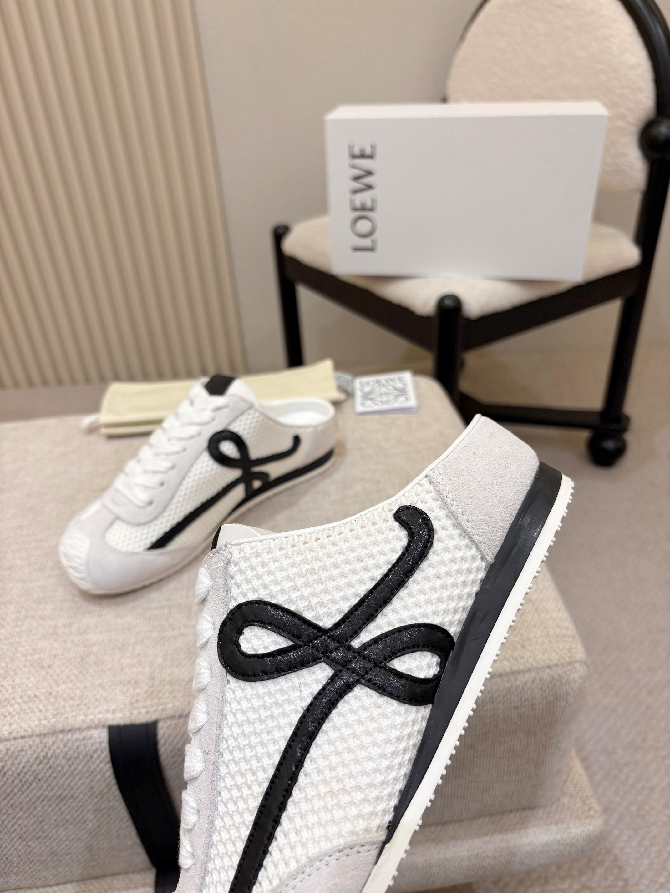 LOEWE 26S MULE SNEAKERS IN WHITE BLACK SUEDE AND MESH