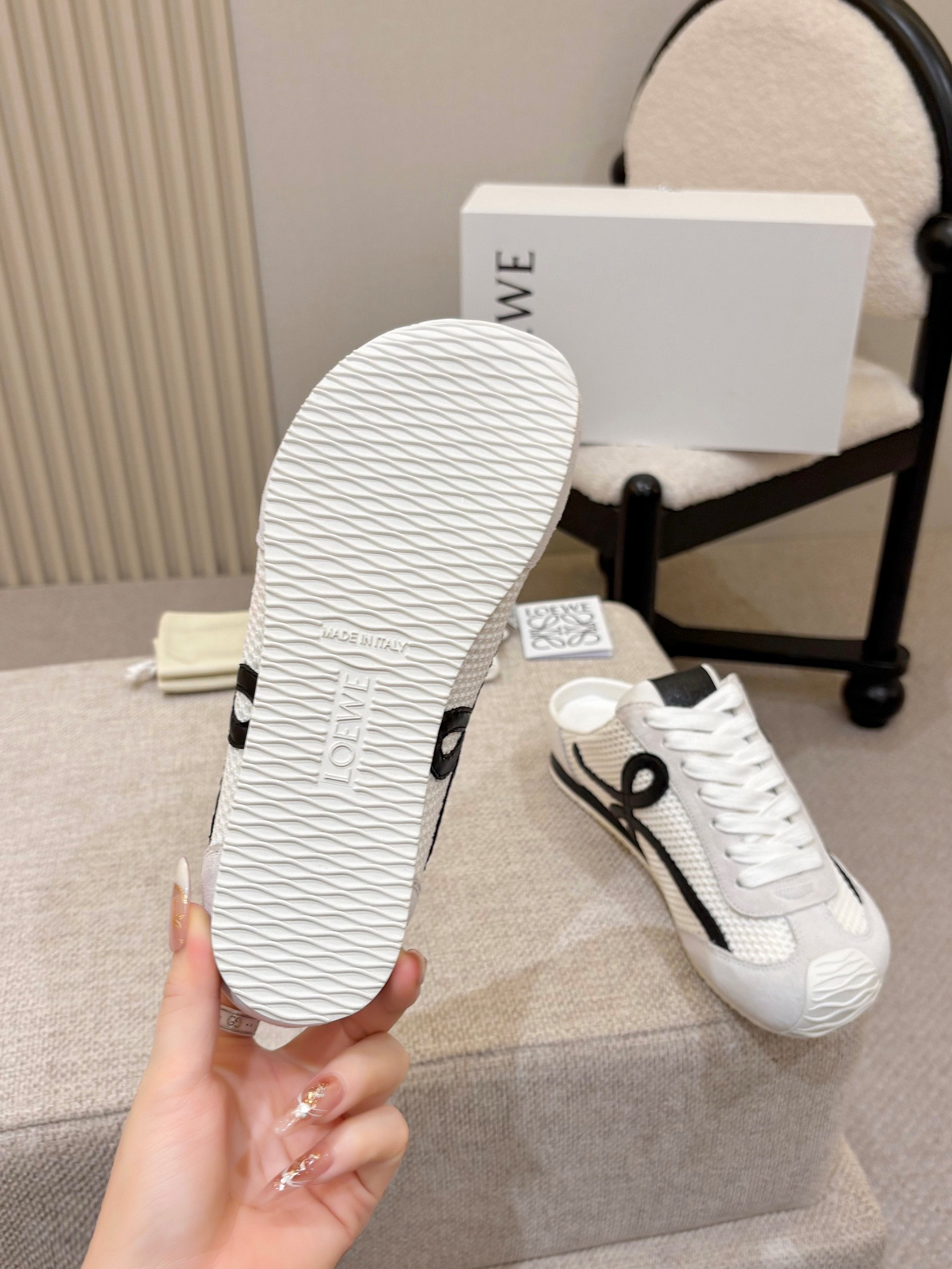 LOEWE 26S MULE SNEAKERS IN WHITE BLACK SUEDE AND MESH