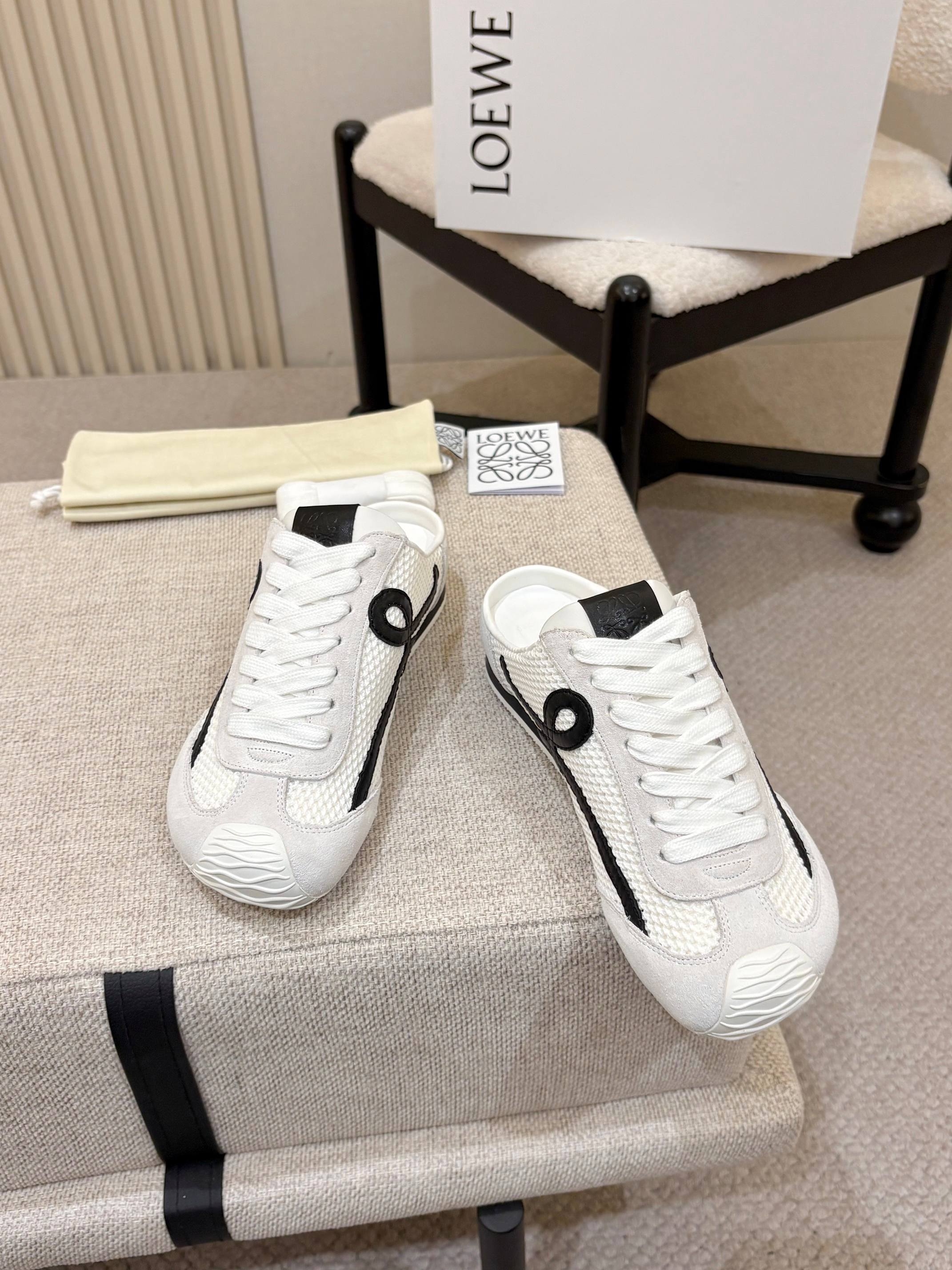 LOEWE 26S MULE SNEAKERS IN WHITE BLACK SUEDE AND MESH