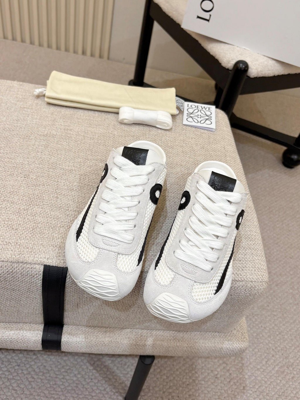 LOEWE 26S MULE SNEAKERS IN WHITE BLACK SUEDE AND MESH