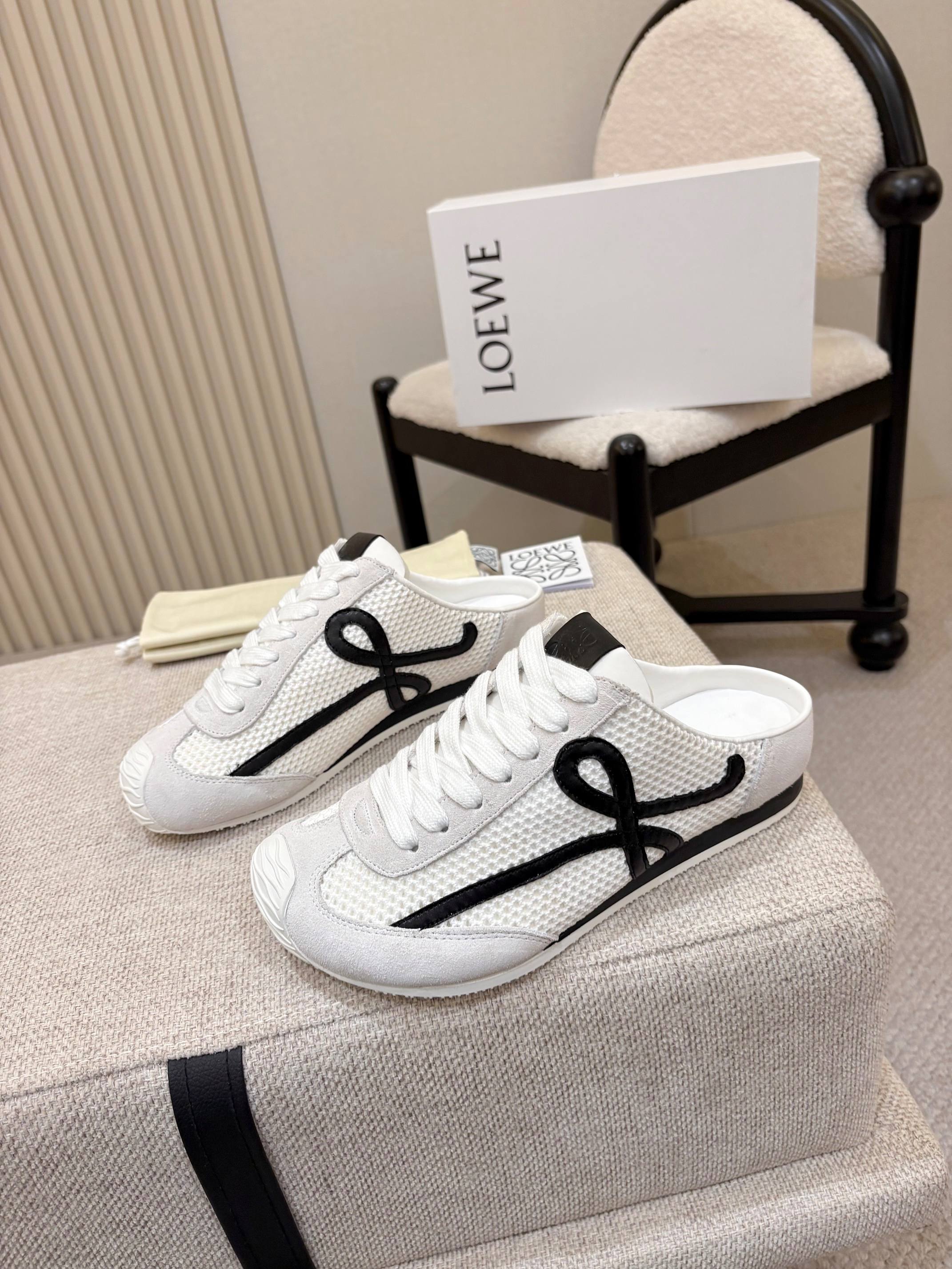 LOEWE 26S MULE SNEAKERS IN WHITE BLACK SUEDE AND MESH