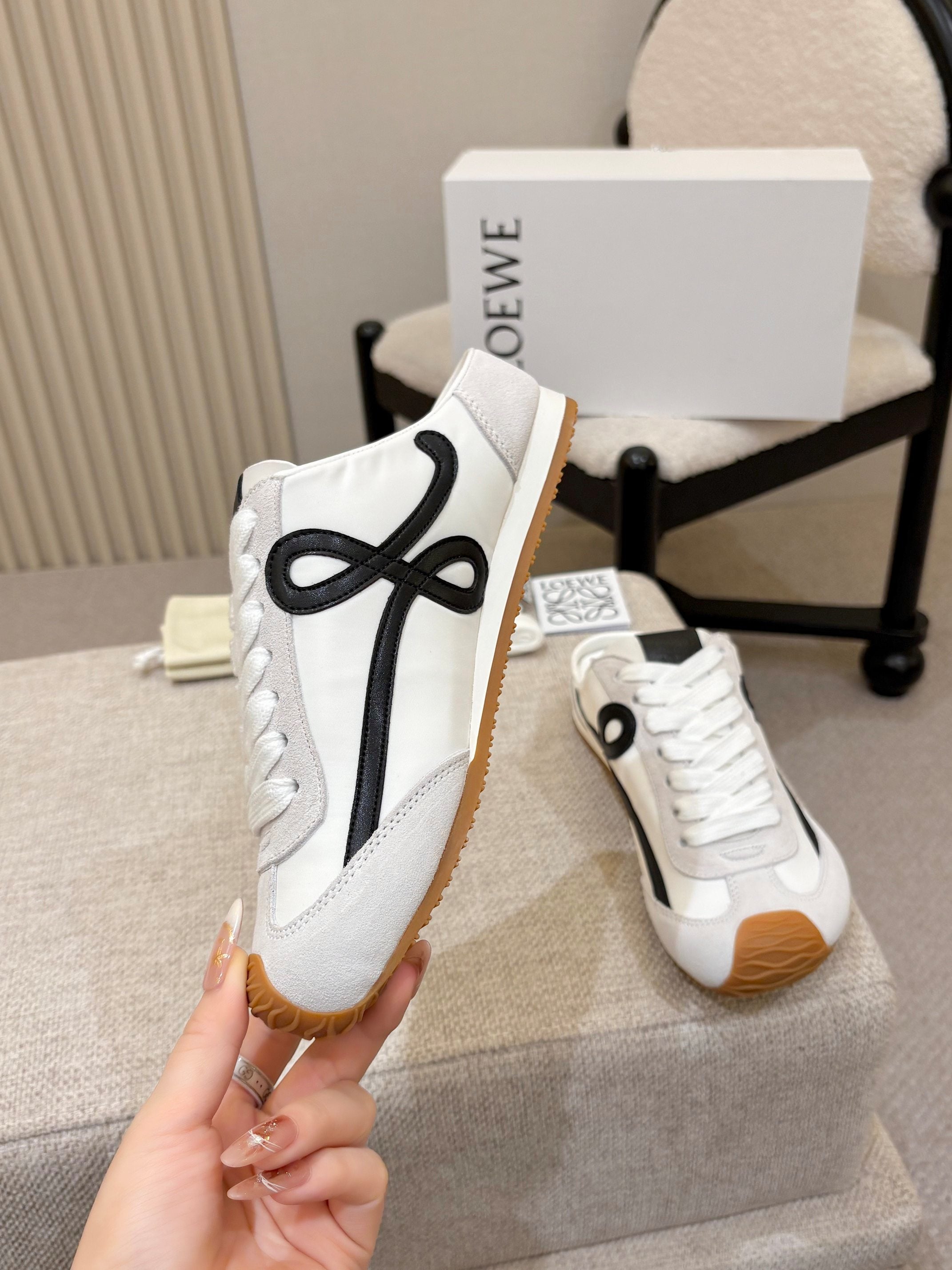 LOEWE 26S MULE SNEAKERS IN WHITE BLACK SUEDE AND NYLON