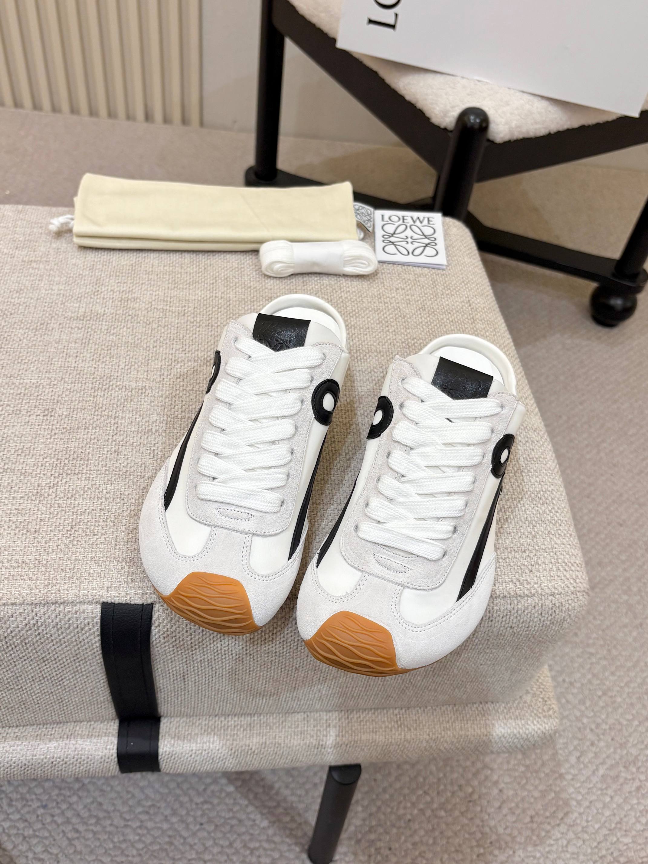 LOEWE 26S MULE SNEAKERS IN WHITE BLACK SUEDE AND NYLON