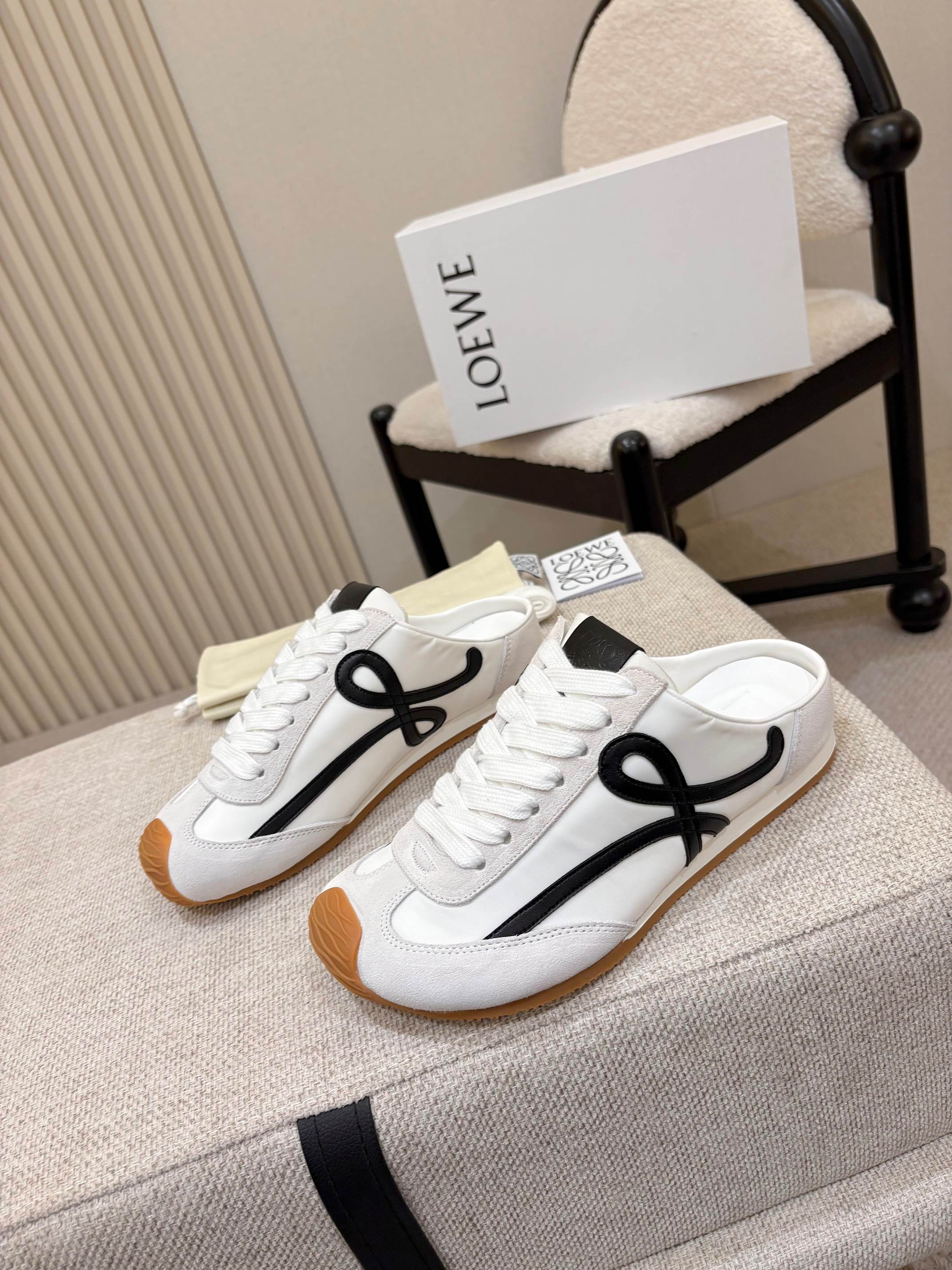 LOEWE 26S MULE SNEAKERS IN WHITE BLACK SUEDE AND NYLON