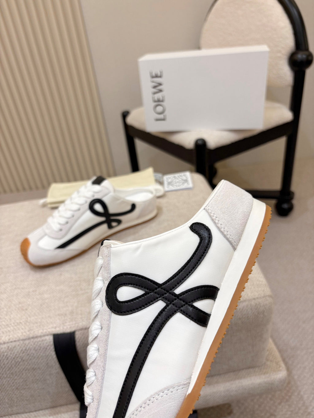 LOEWE 26S MULE SNEAKERS IN WHITE BLACK SUEDE AND NYLON