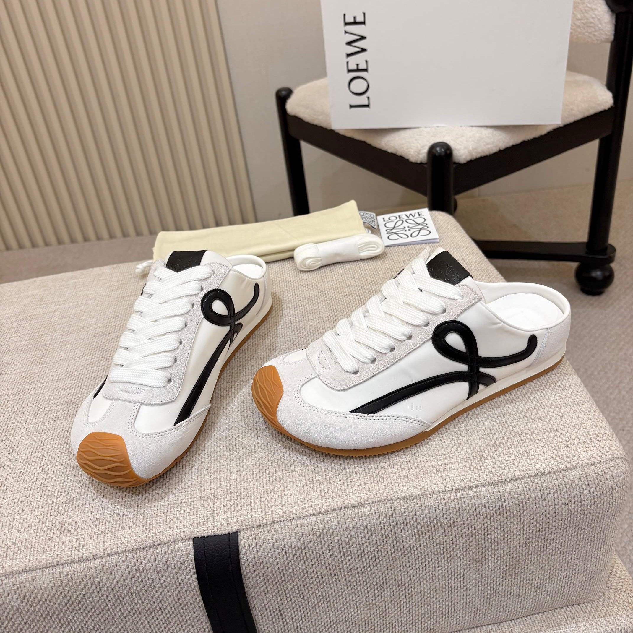 LOEWE 26S MULE SNEAKERS IN WHITE BLACK SUEDE AND NYLON