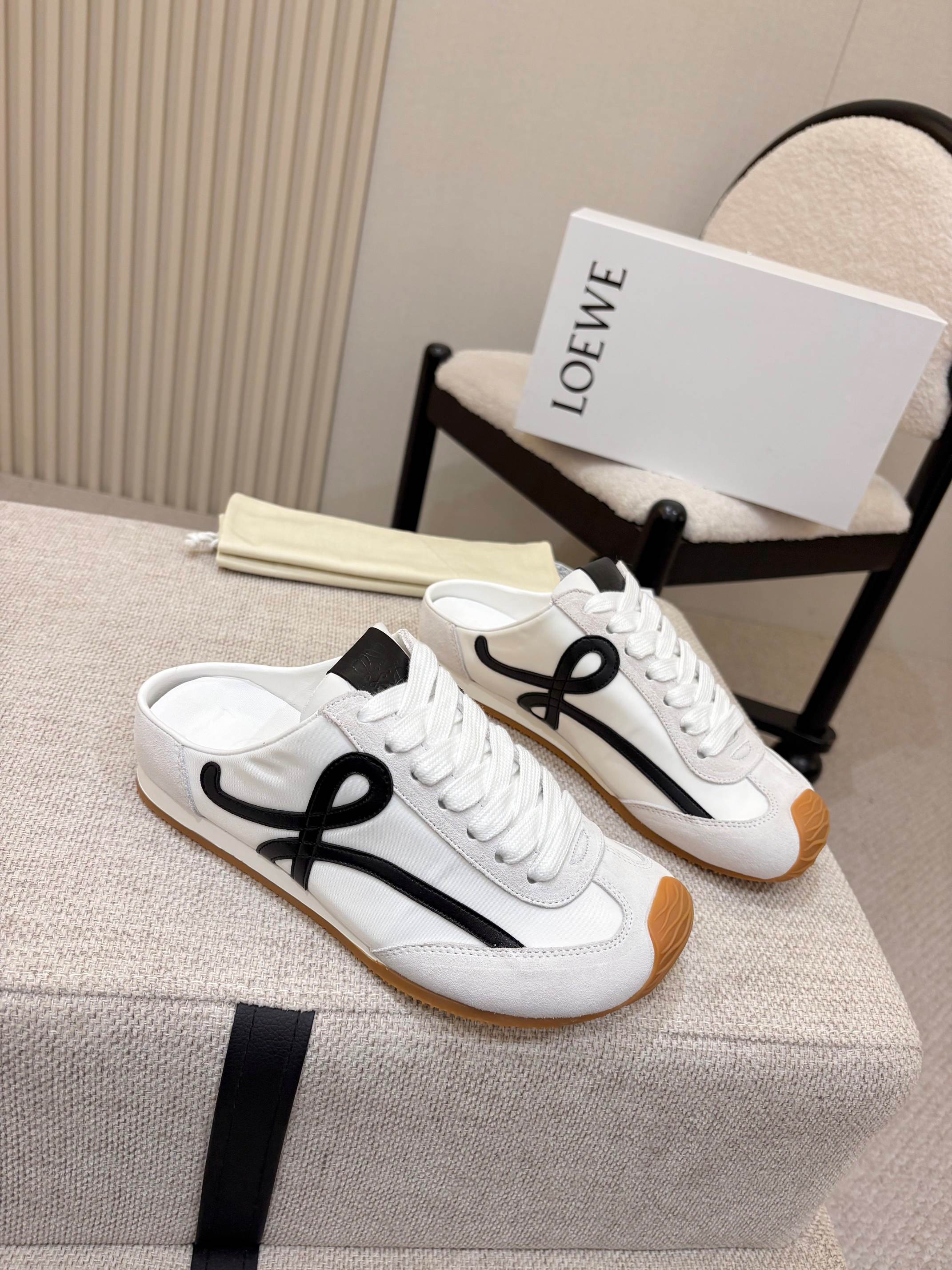 LOEWE 26S MULE SNEAKERS IN WHITE BLACK SUEDE AND NYLON