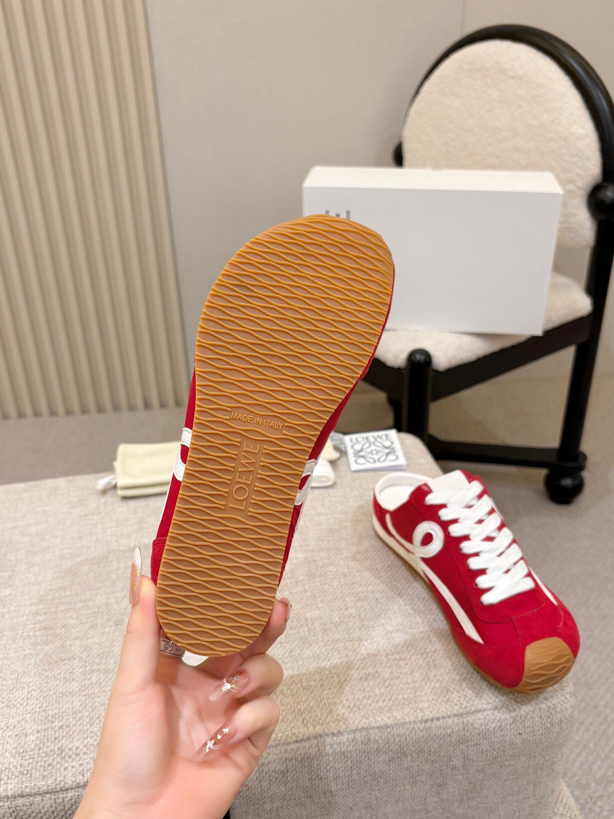 LOEWE 26S MULE SNEAKERS IN WHITE RED SUEDE AND NYLON