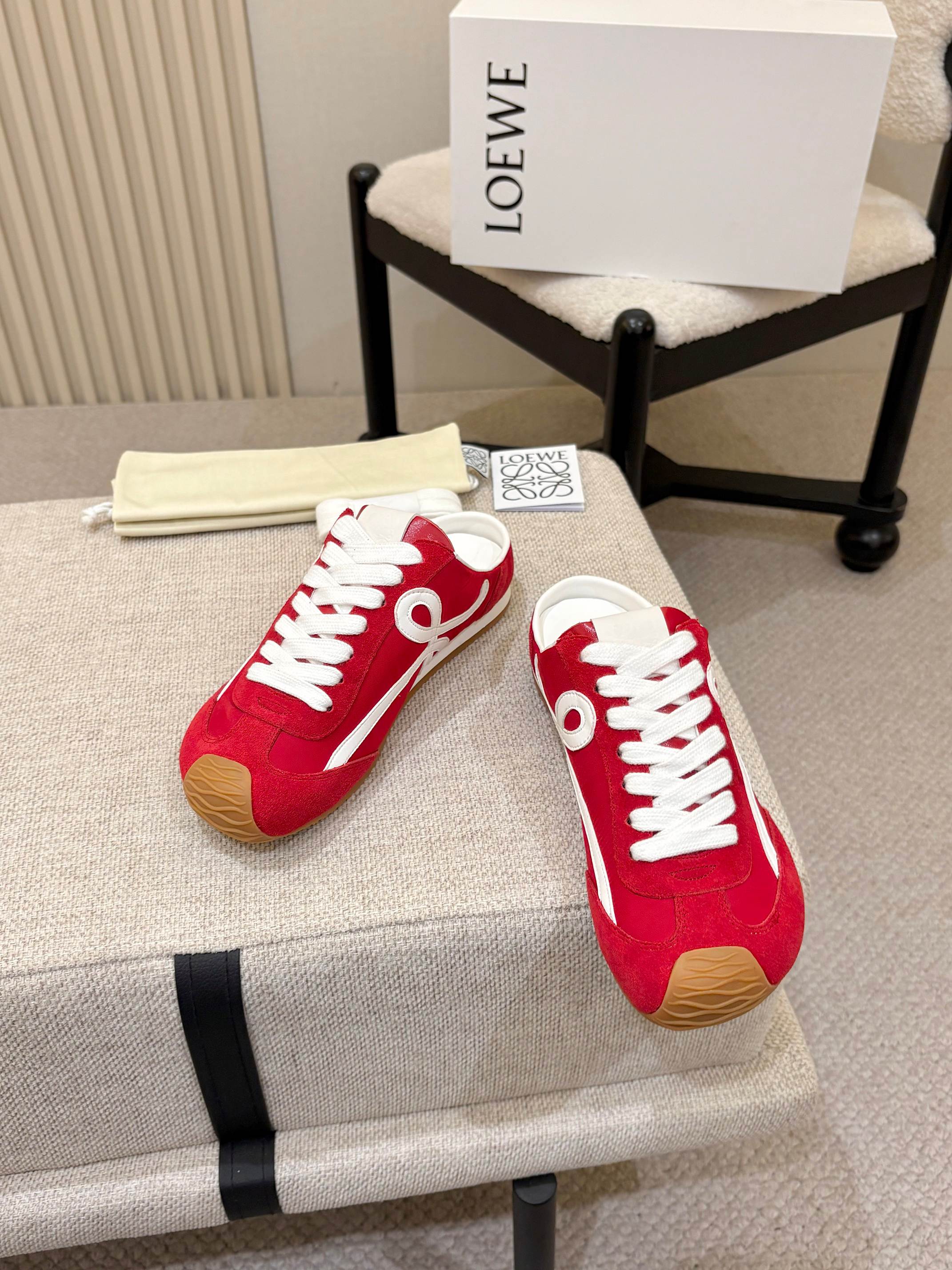 LOEWE 26S MULE SNEAKERS IN WHITE RED SUEDE AND NYLON