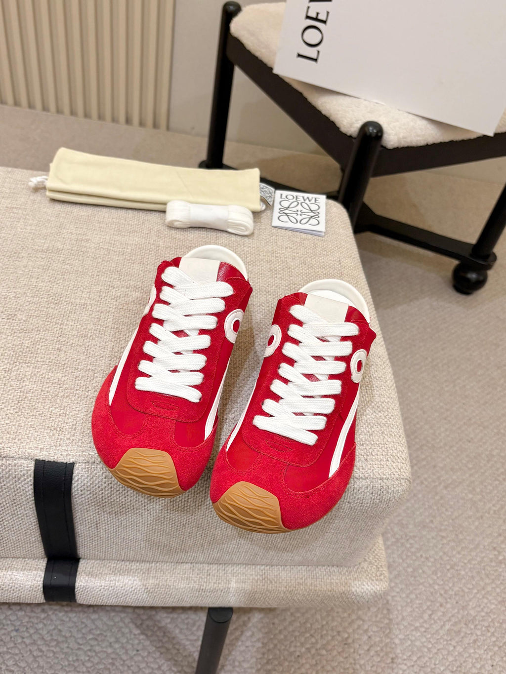 LOEWE 26S MULE SNEAKERS IN WHITE RED SUEDE AND NYLON