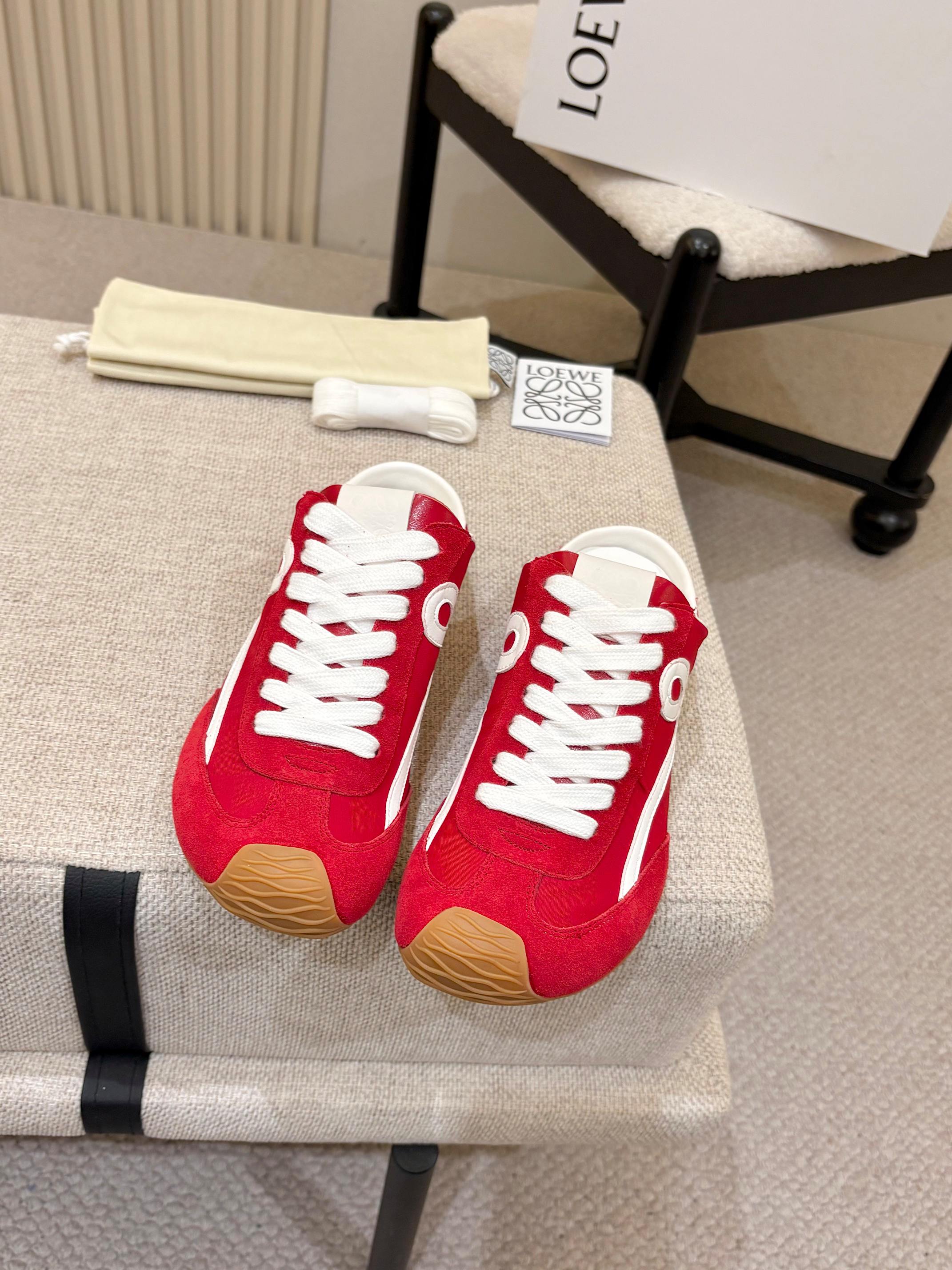LOEWE 26S MULE SNEAKERS IN WHITE RED SUEDE AND NYLON