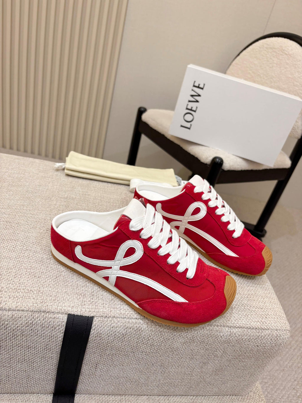 LOEWE 26S MULE SNEAKERS IN WHITE RED SUEDE AND NYLON