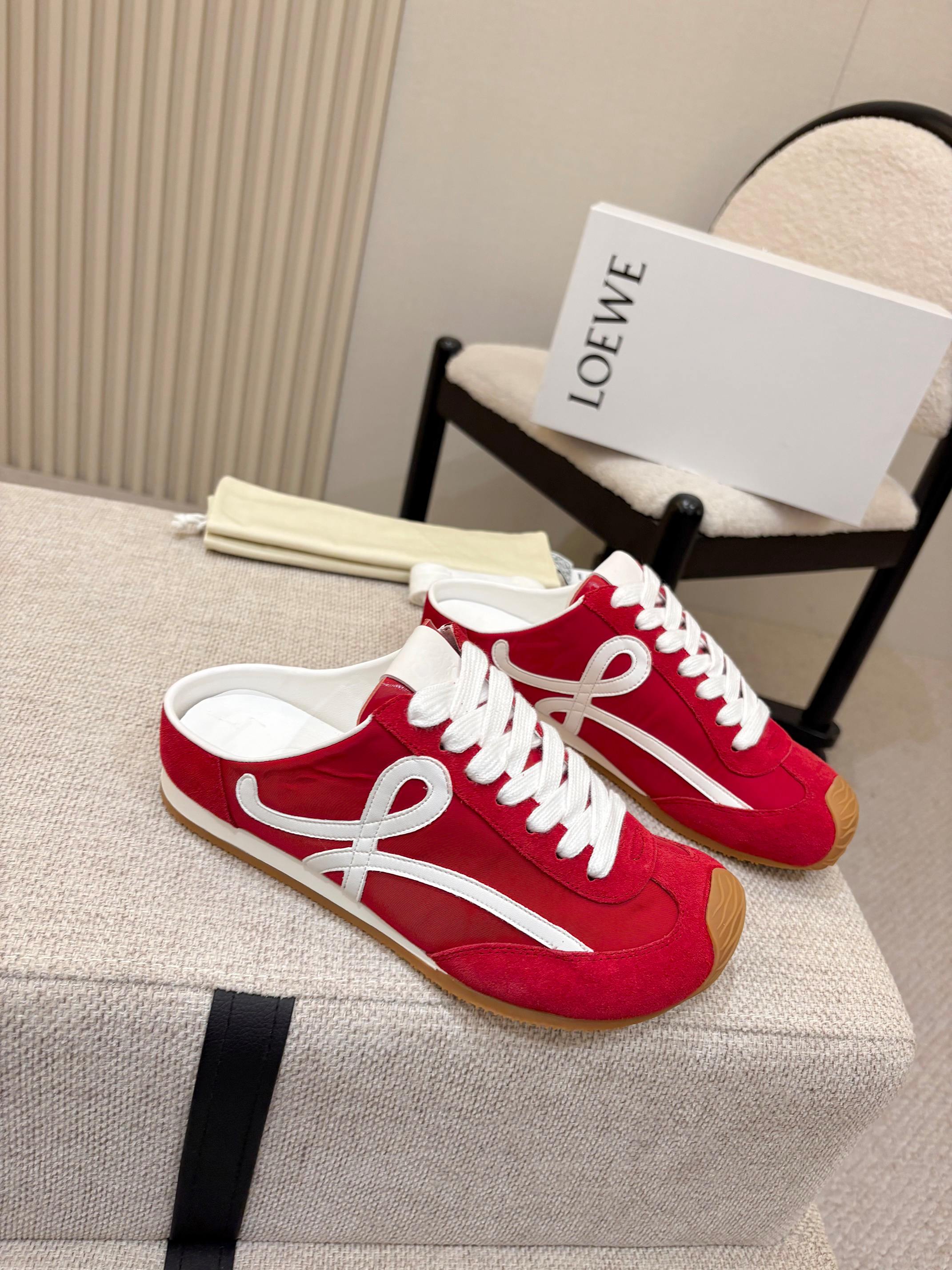 LOEWE 26S MULE SNEAKERS IN WHITE RED SUEDE AND NYLON