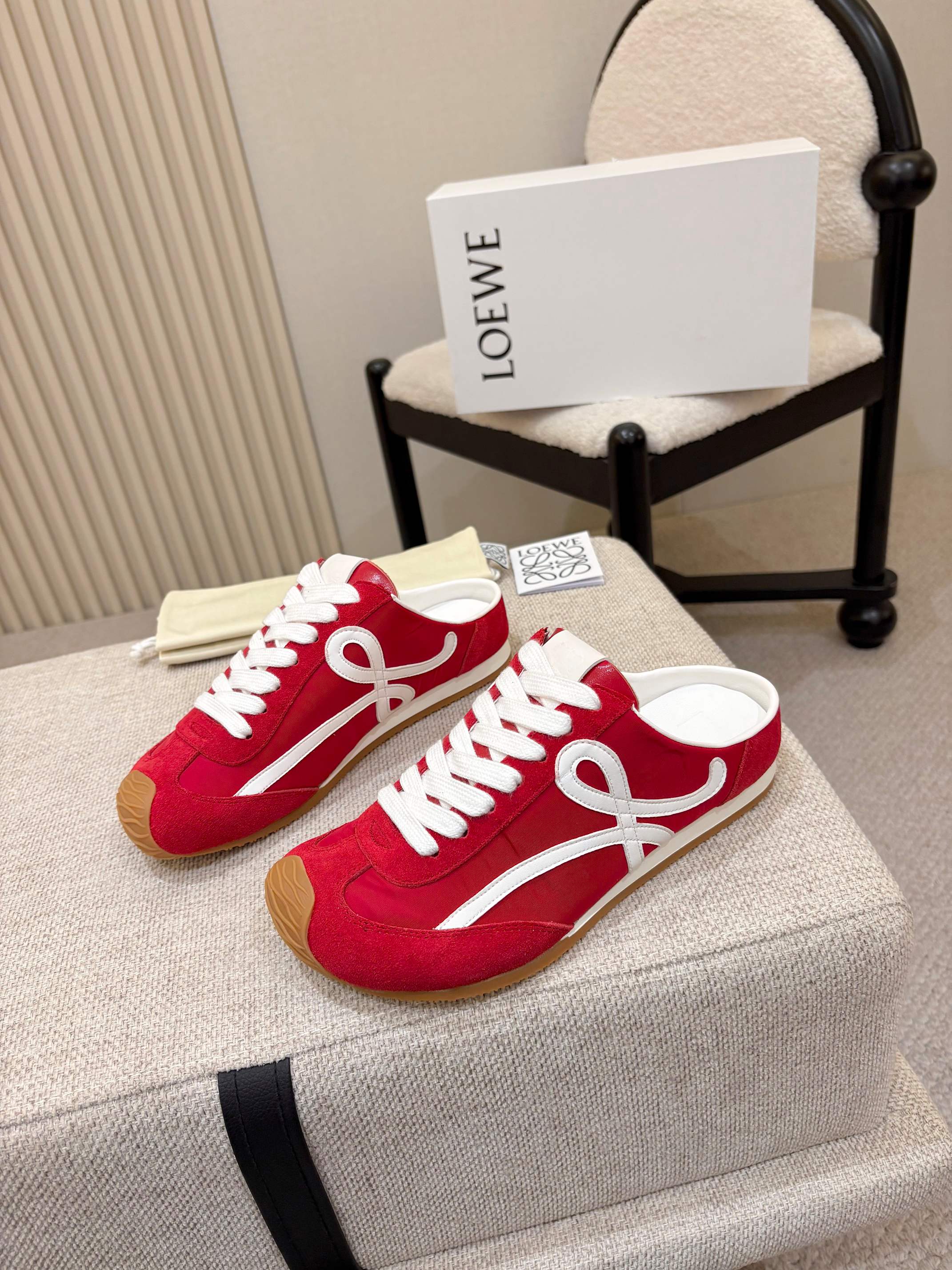 LOEWE 26S MULE SNEAKERS IN WHITE RED SUEDE AND NYLON
