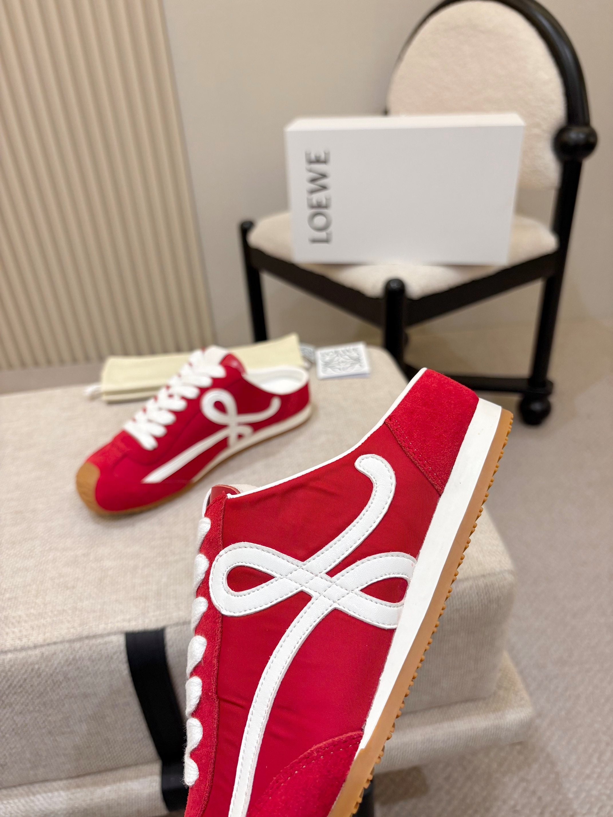LOEWE 26S MULE SNEAKERS IN WHITE RED SUEDE AND NYLON