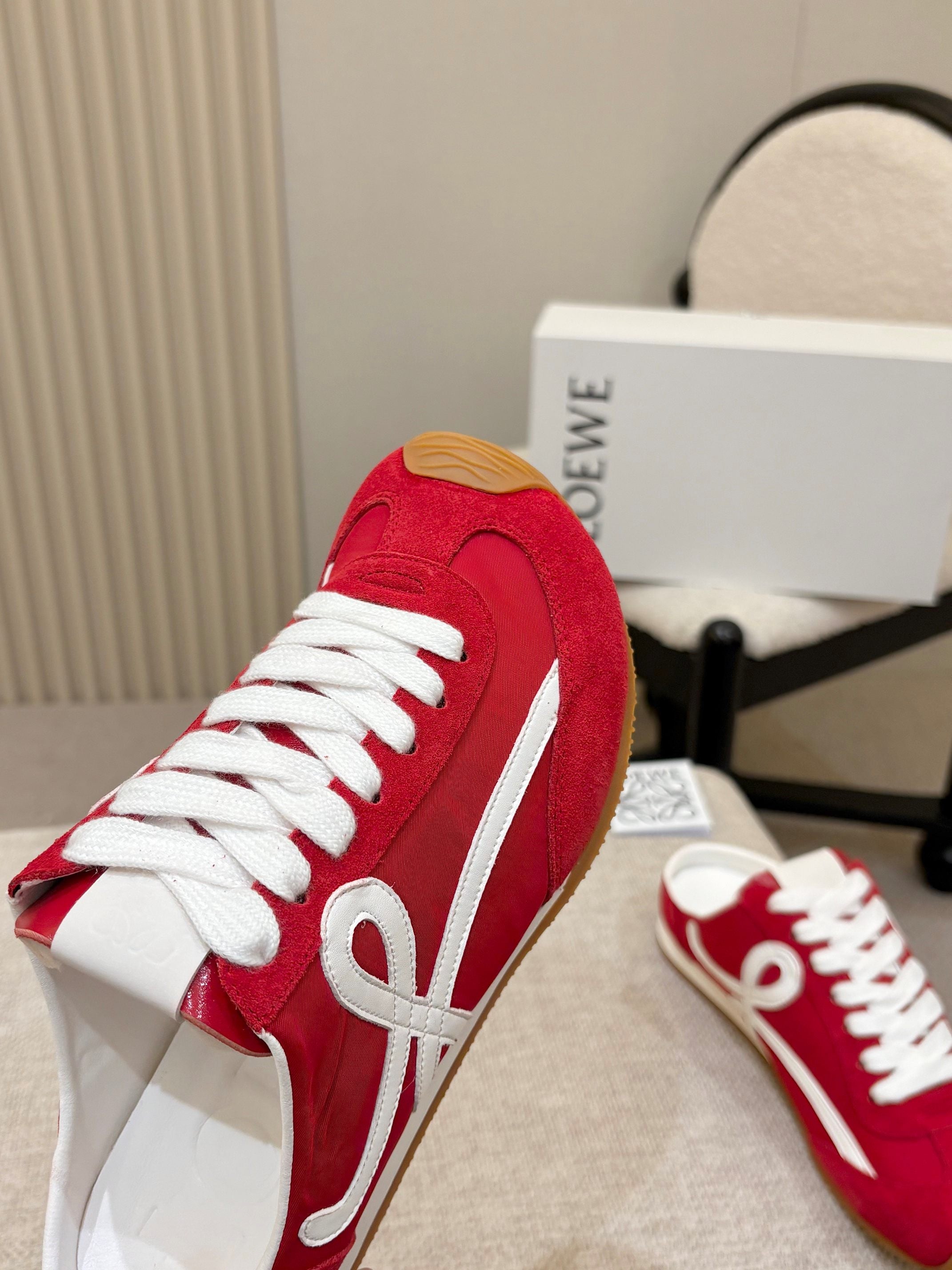 LOEWE 26S MULE SNEAKERS IN WHITE RED SUEDE AND NYLON