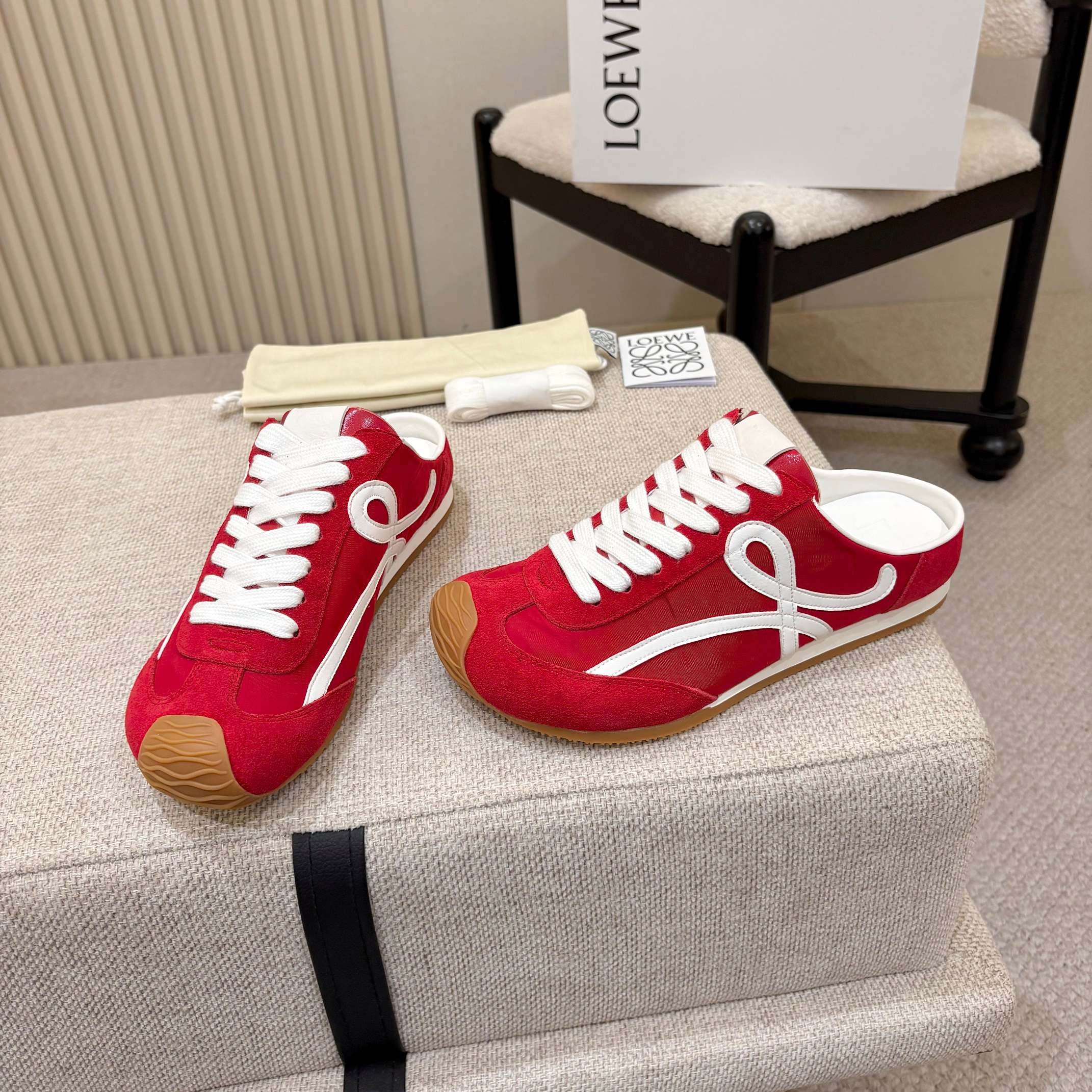 LOEWE 26S MULE SNEAKERS IN WHITE RED SUEDE AND NYLON