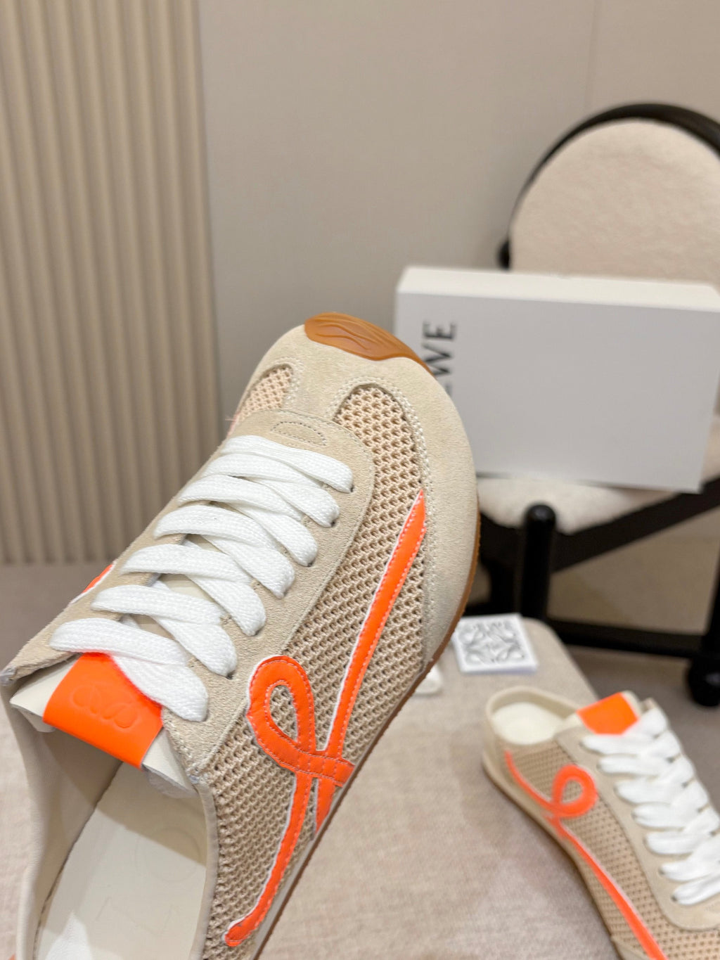 LOEWE 26S MULE SNEAKERS IN BEIGE ORANGE SUEDE AND MESH