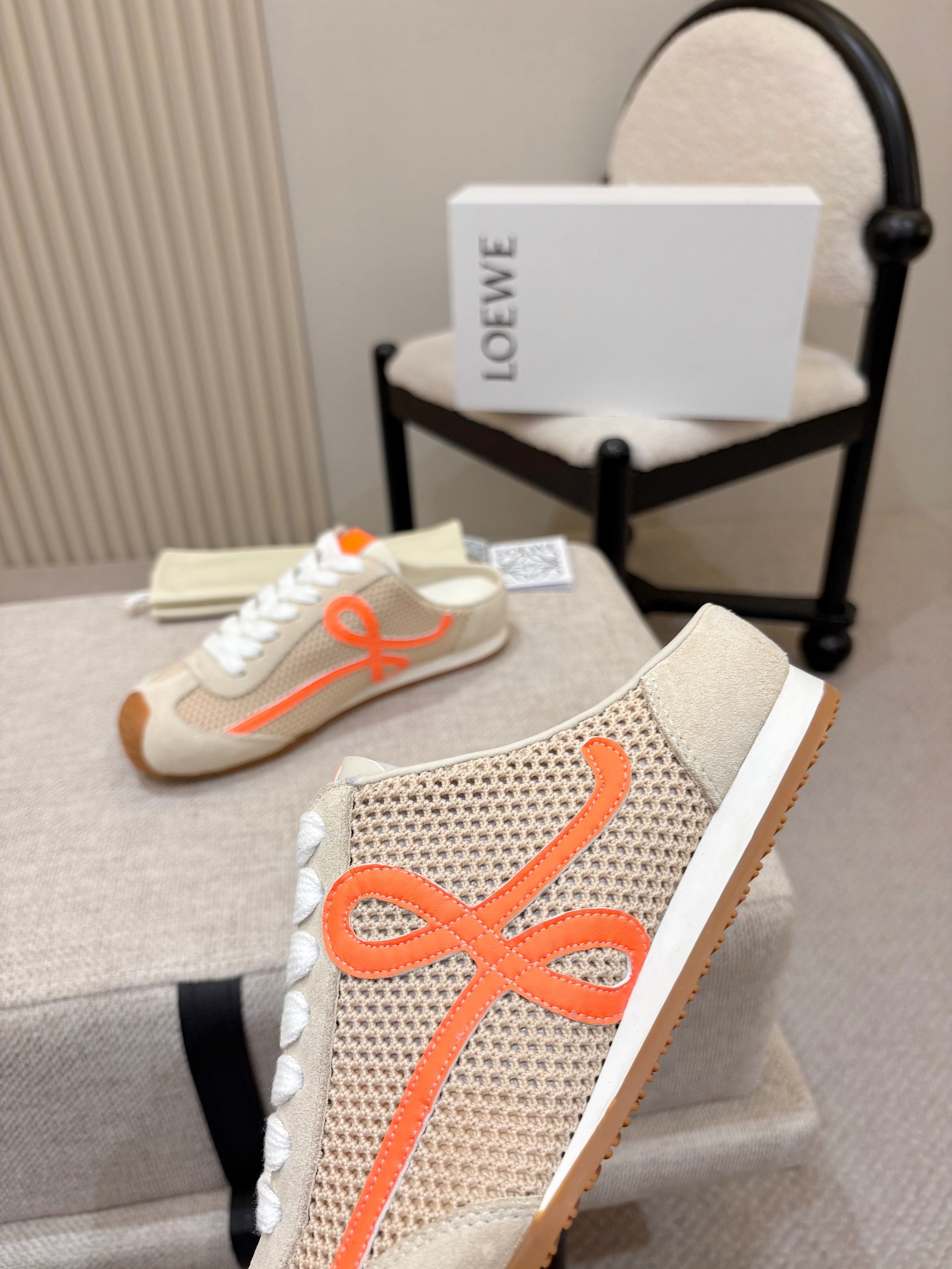 LOEWE 26S MULE SNEAKERS IN BEIGE ORANGE SUEDE AND MESH