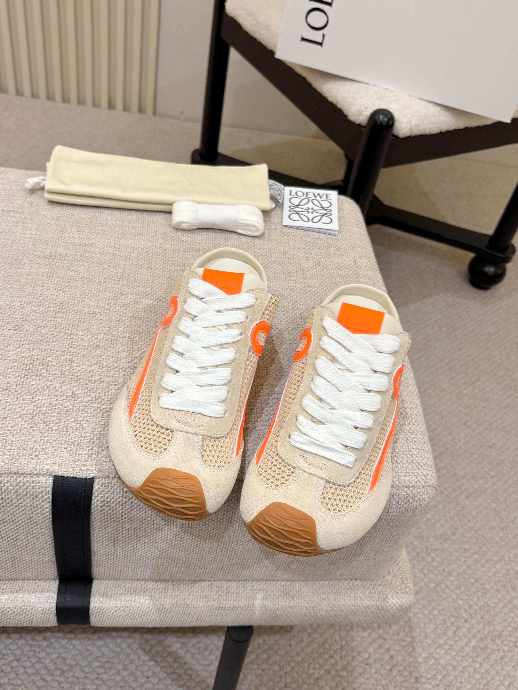 LOEWE 26S MULE SNEAKERS IN BEIGE ORANGE SUEDE AND MESH