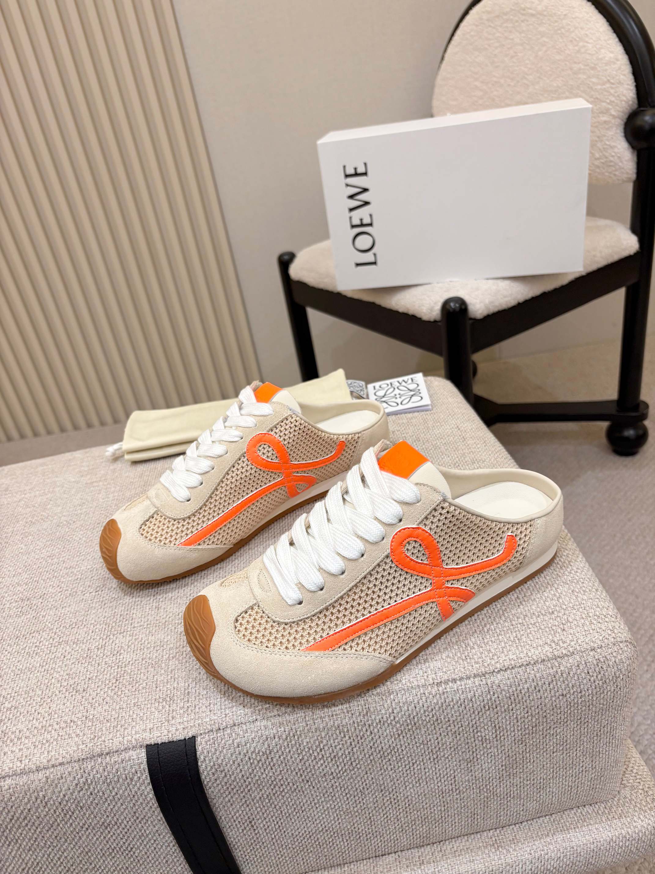 LOEWE 26S MULE SNEAKERS IN BEIGE ORANGE SUEDE AND MESH