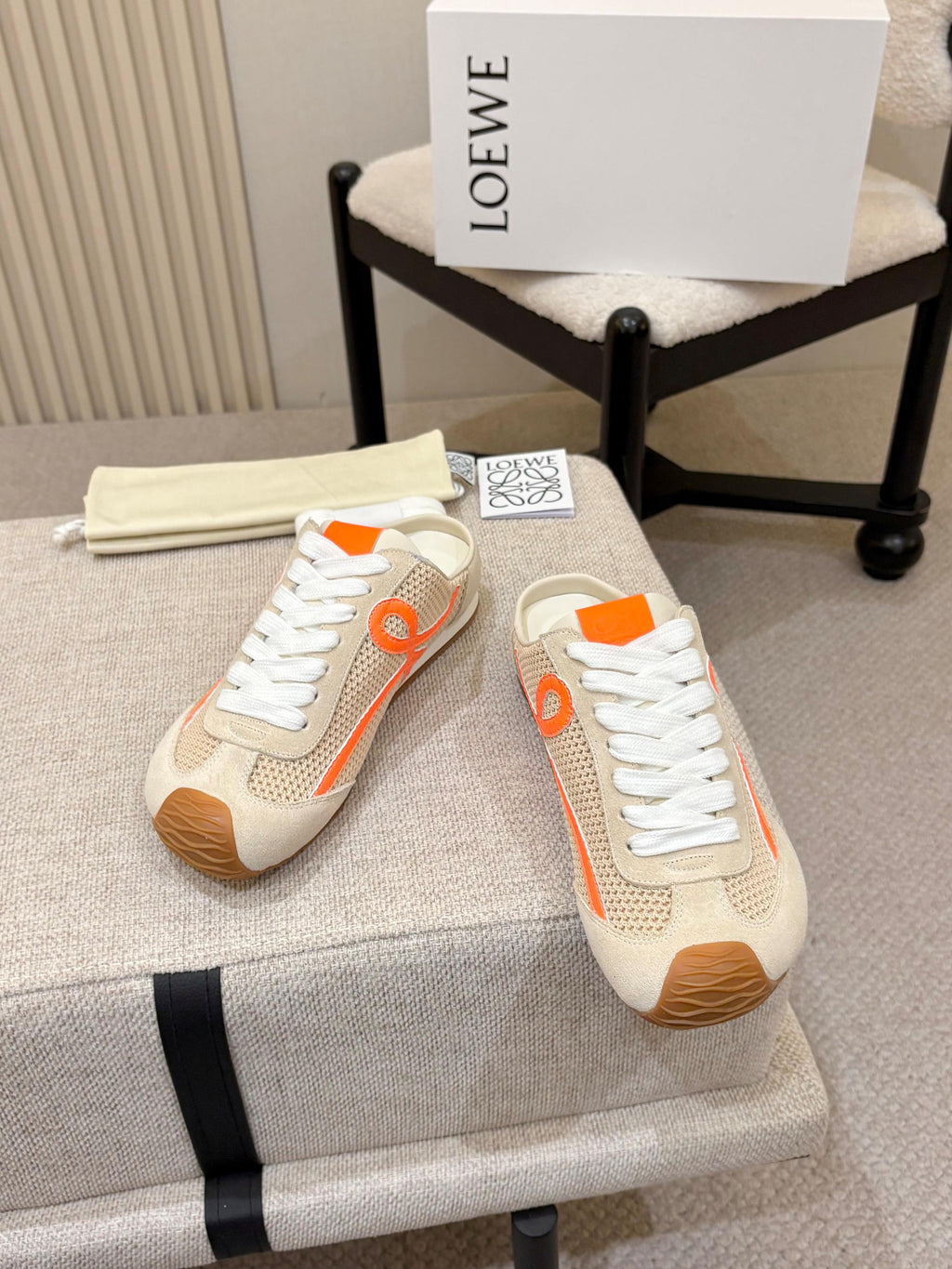 LOEWE 26S MULE SNEAKERS IN BEIGE ORANGE SUEDE AND MESH