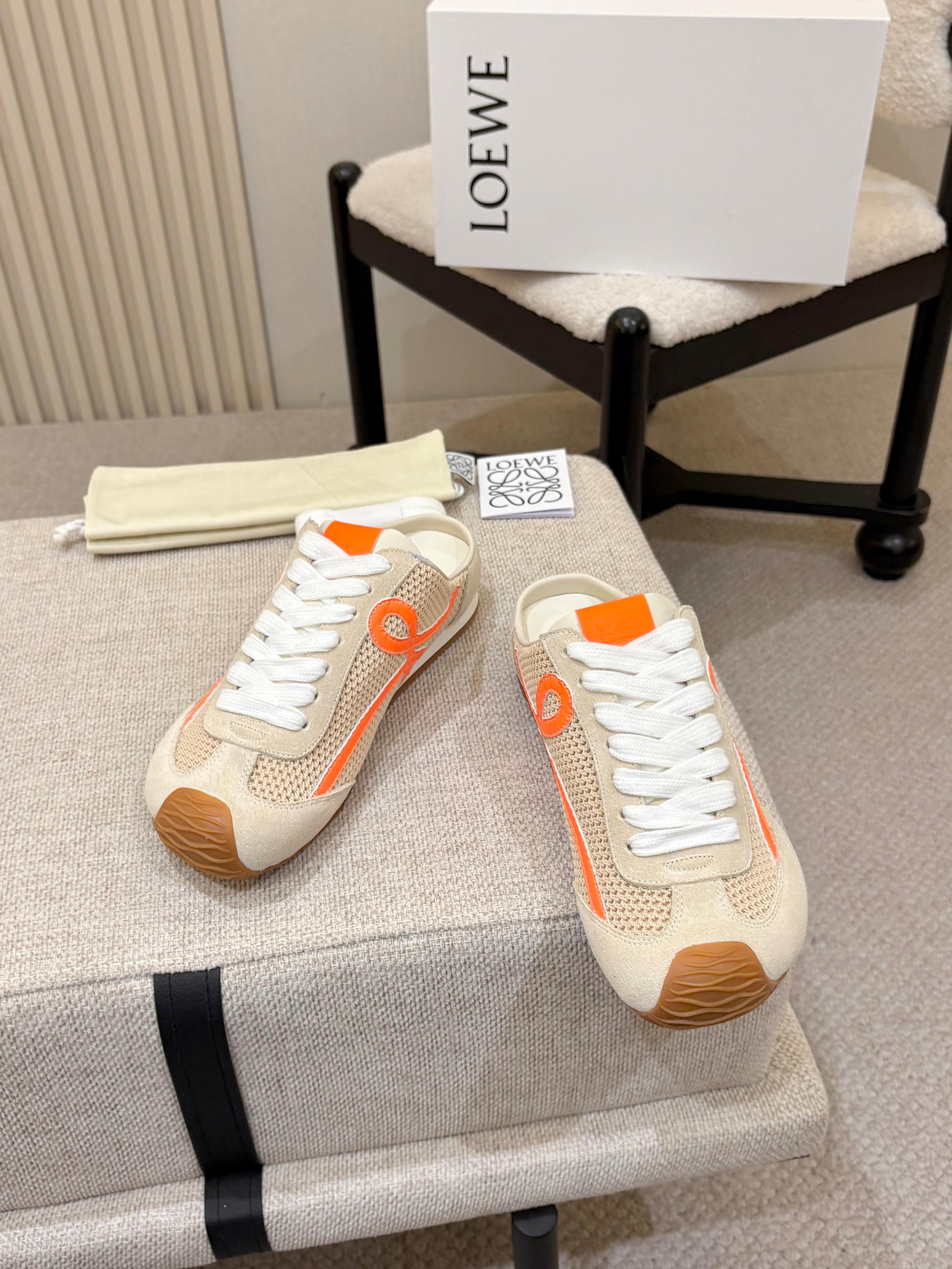 LOEWE 26S MULE SNEAKERS IN BEIGE ORANGE SUEDE AND MESH