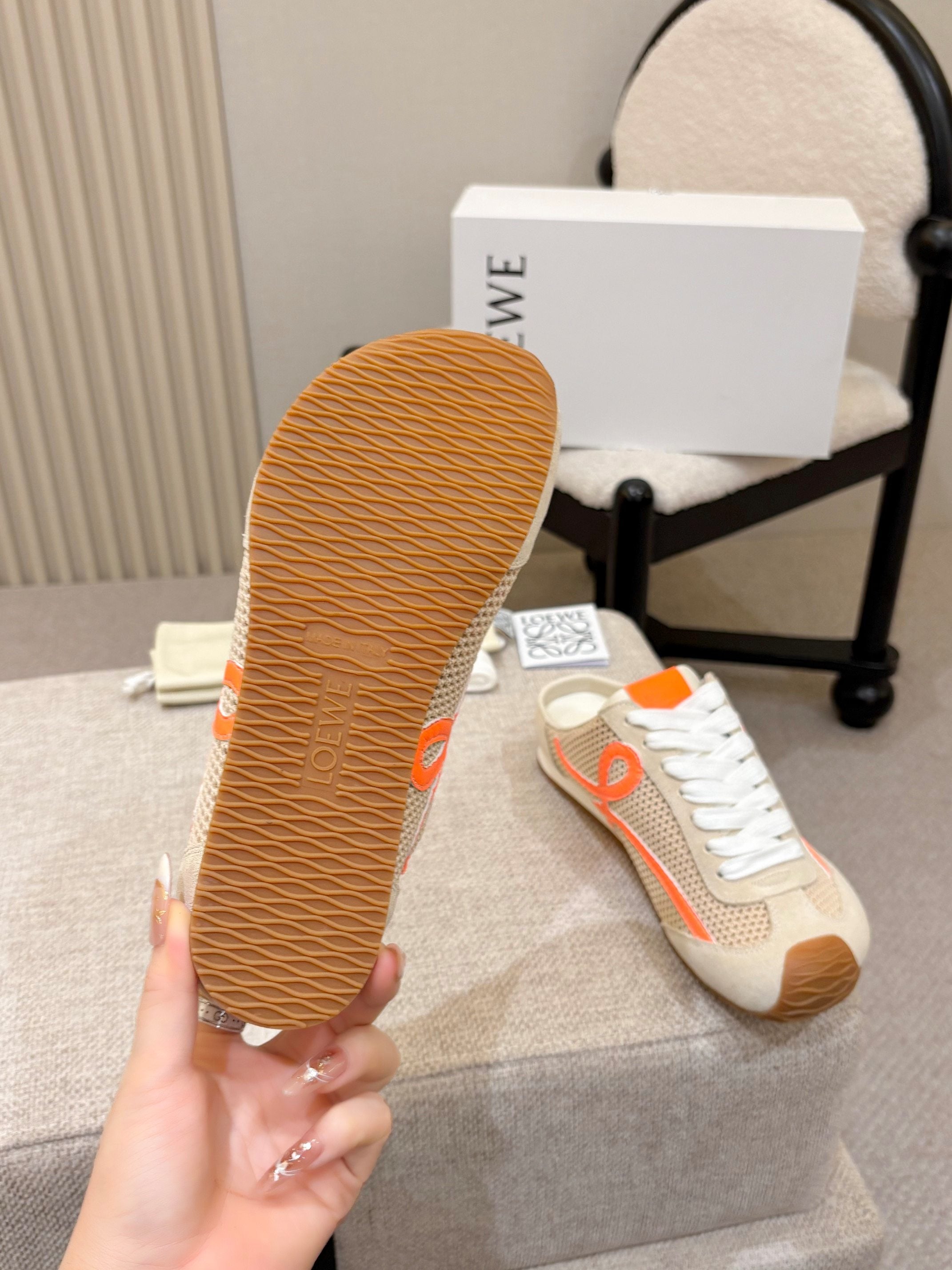 LOEWE 26S MULE SNEAKERS IN BEIGE ORANGE SUEDE AND MESH