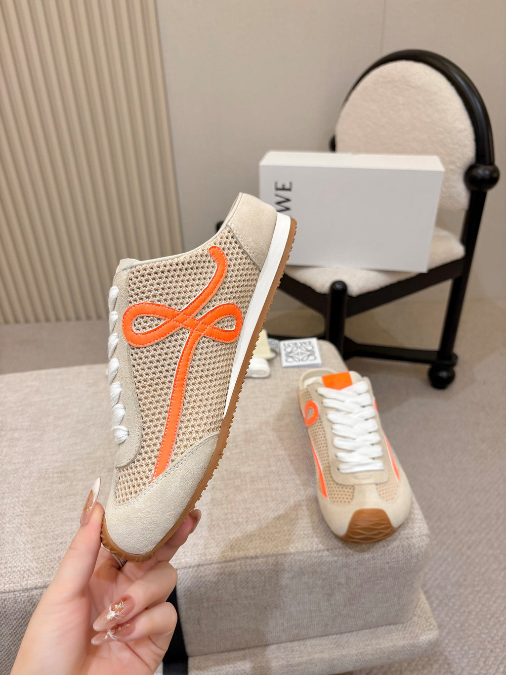 LOEWE 26S MULE SNEAKERS IN BEIGE ORANGE SUEDE AND MESH