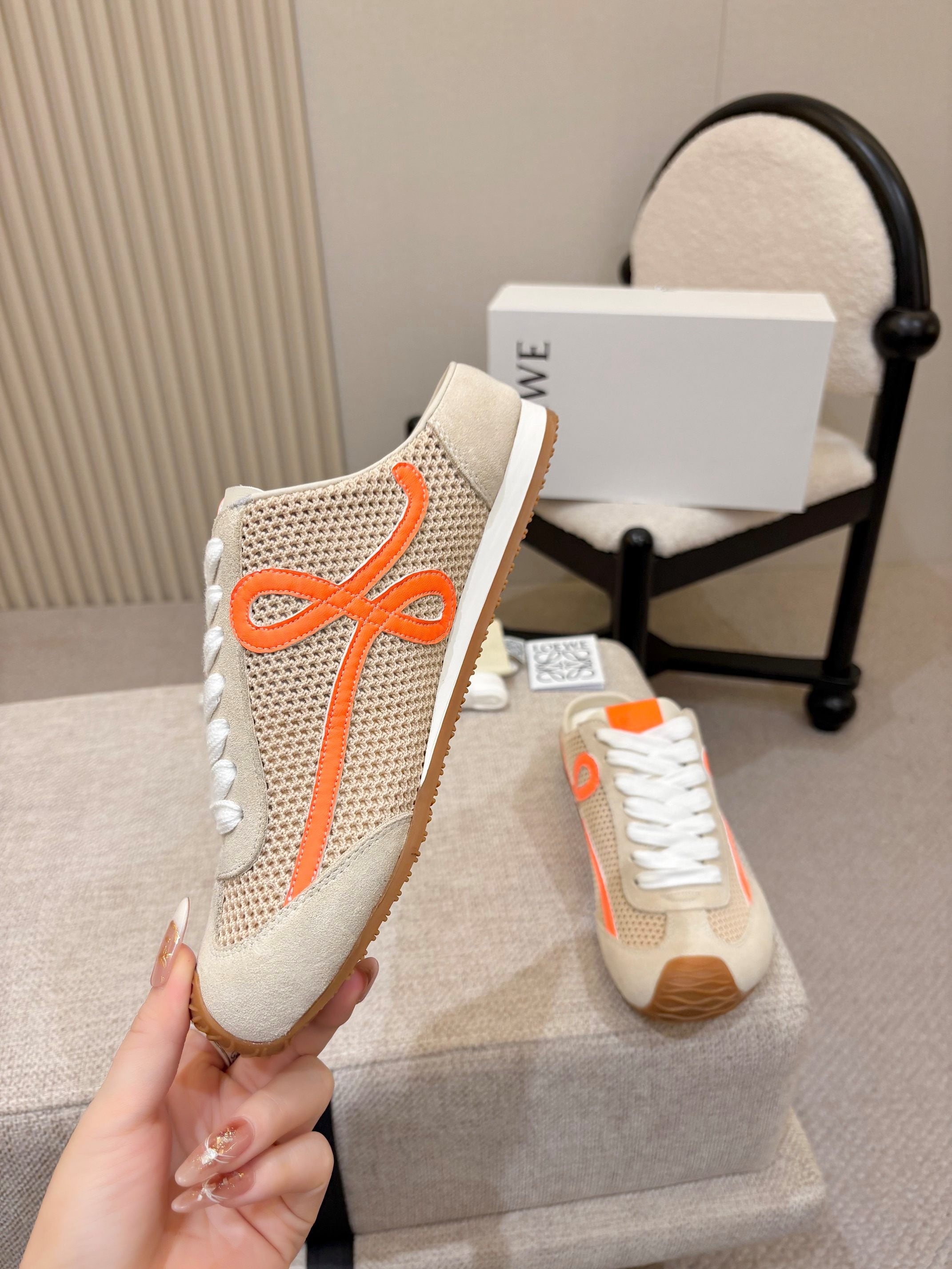 LOEWE 26S MULE SNEAKERS IN BEIGE ORANGE SUEDE AND MESH