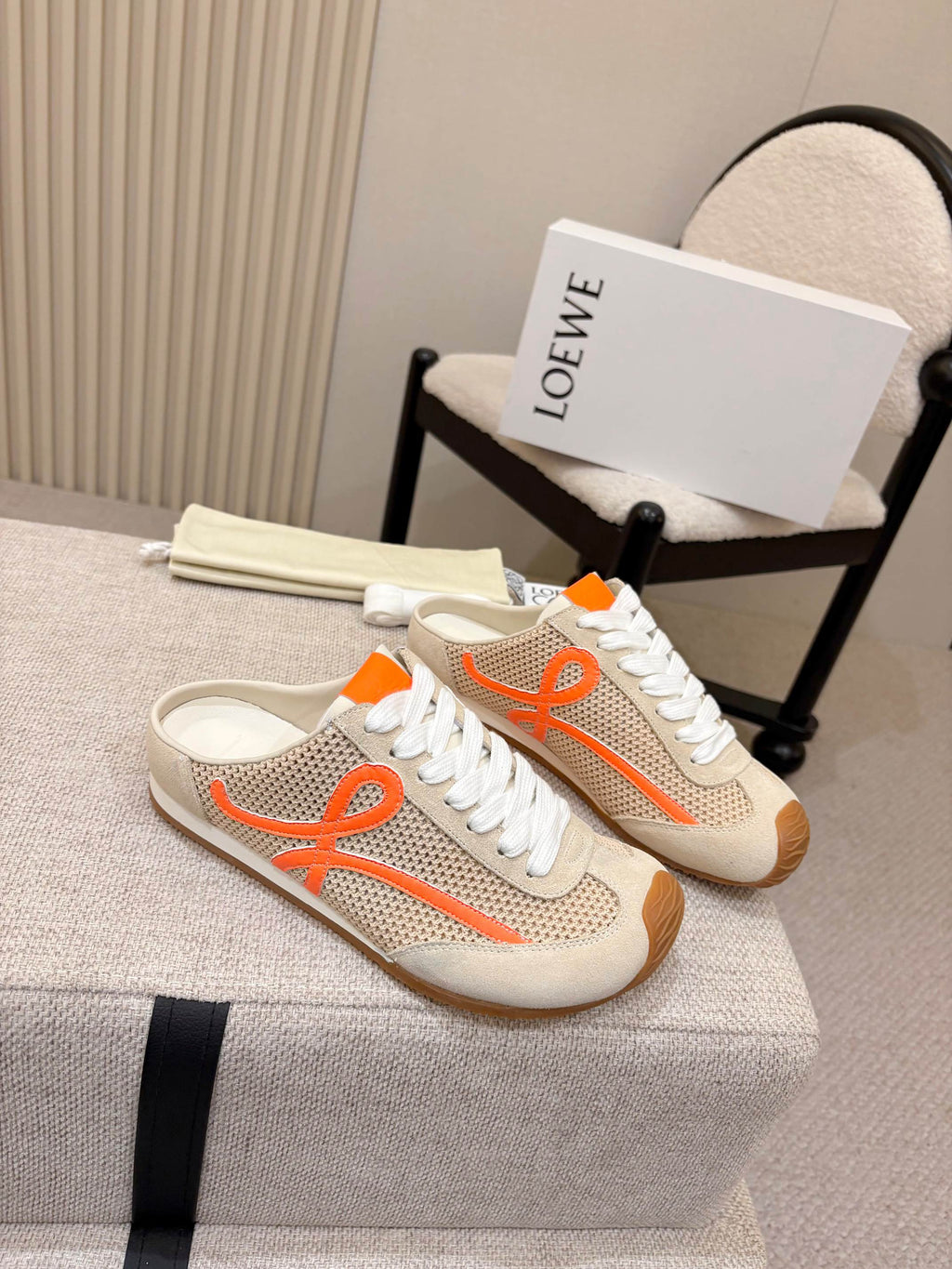 LOEWE 26S MULE SNEAKERS IN BEIGE ORANGE SUEDE AND MESH