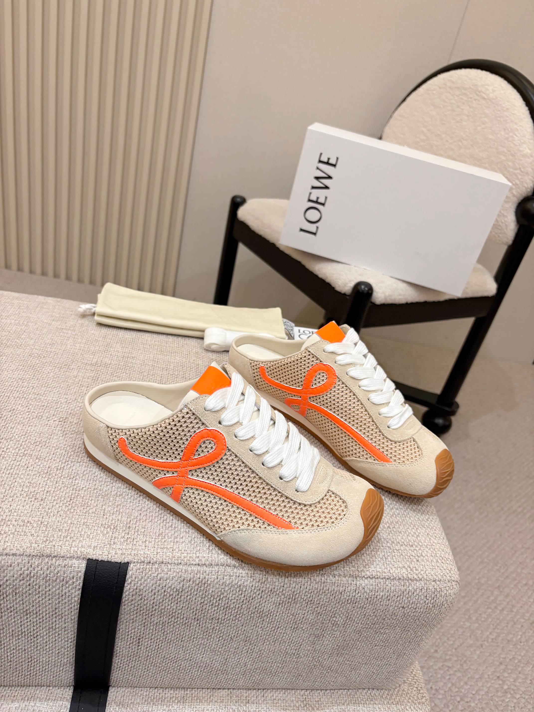 LOEWE 26S MULE SNEAKERS IN BEIGE ORANGE SUEDE AND MESH
