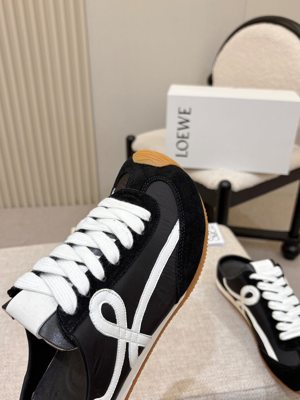 LOEWE 26S MULE SNEAKERS IN BLACK WHITE SUEDE AND NYLON