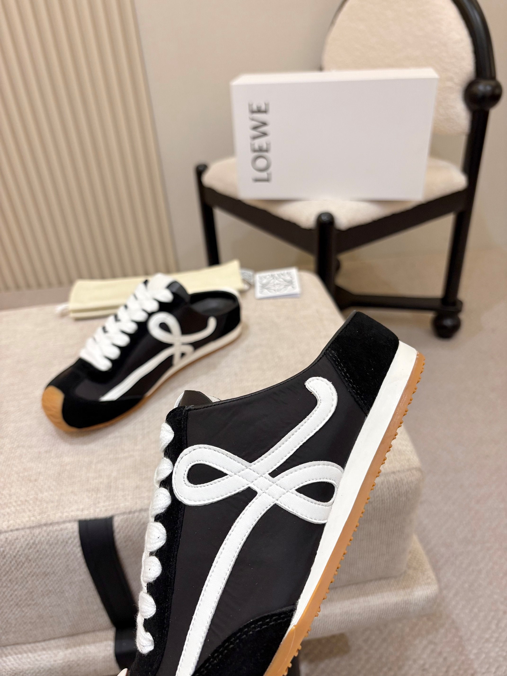 LOEWE 26S MULE SNEAKERS IN BLACK WHITE SUEDE AND NYLON