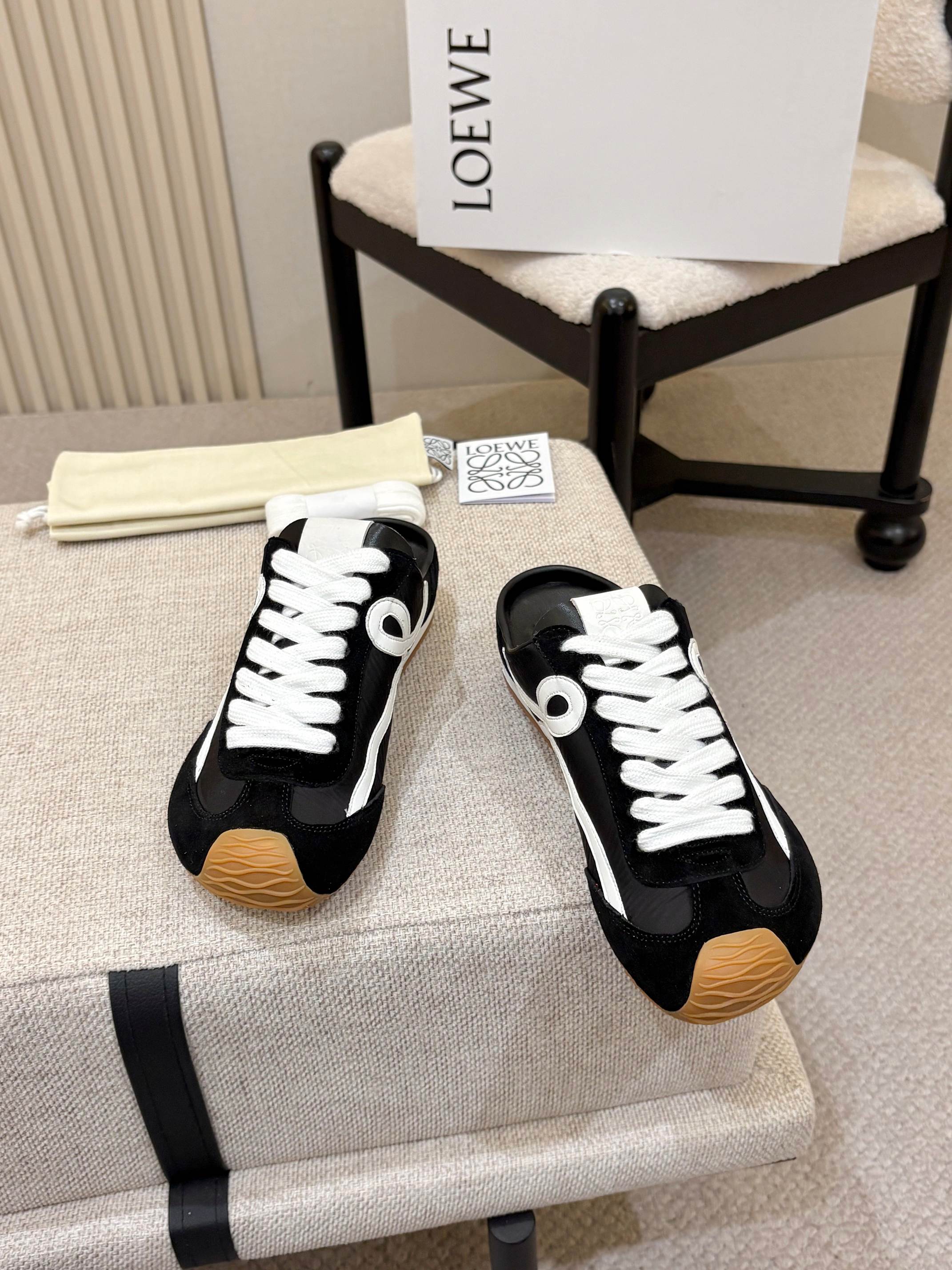LOEWE 26S MULE SNEAKERS IN BLACK WHITE SUEDE AND NYLON