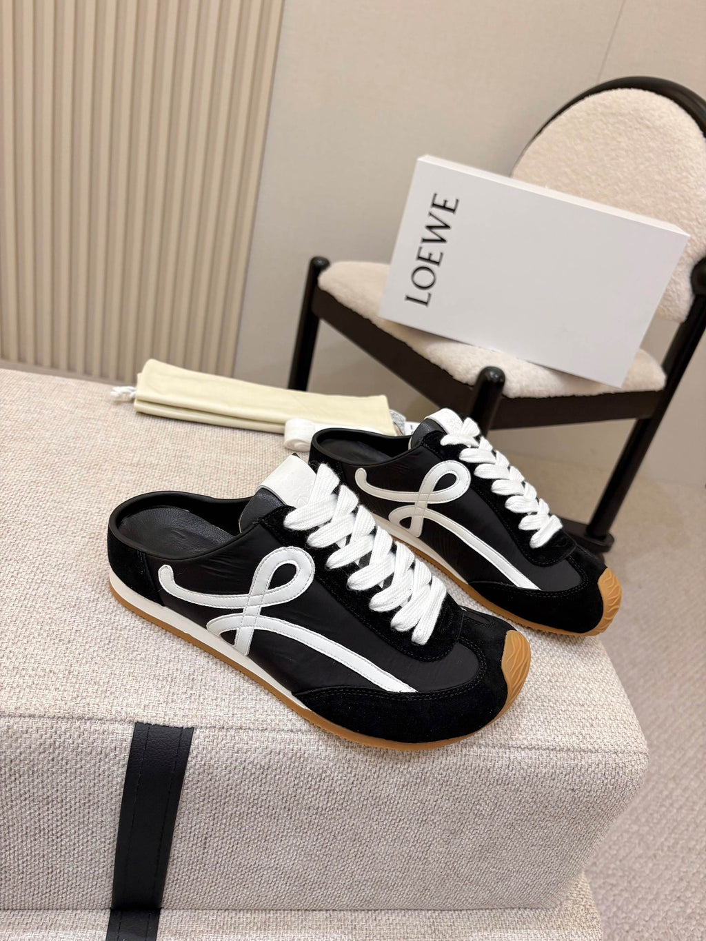 LOEWE 26S MULE SNEAKERS IN BLACK WHITE SUEDE AND NYLON