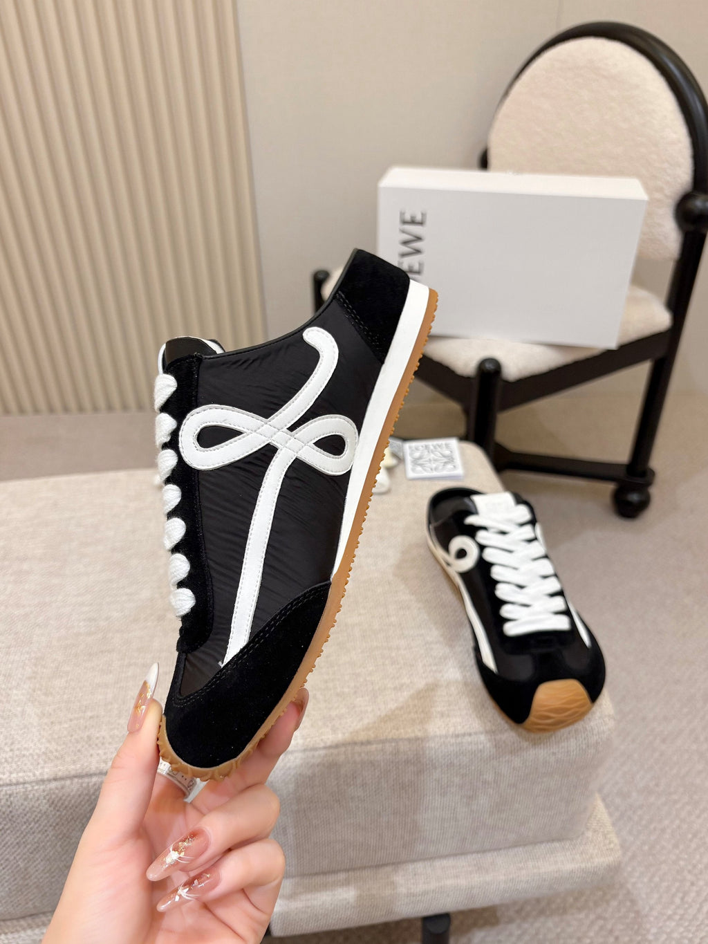 LOEWE 26S MULE SNEAKERS IN BLACK WHITE SUEDE AND NYLON