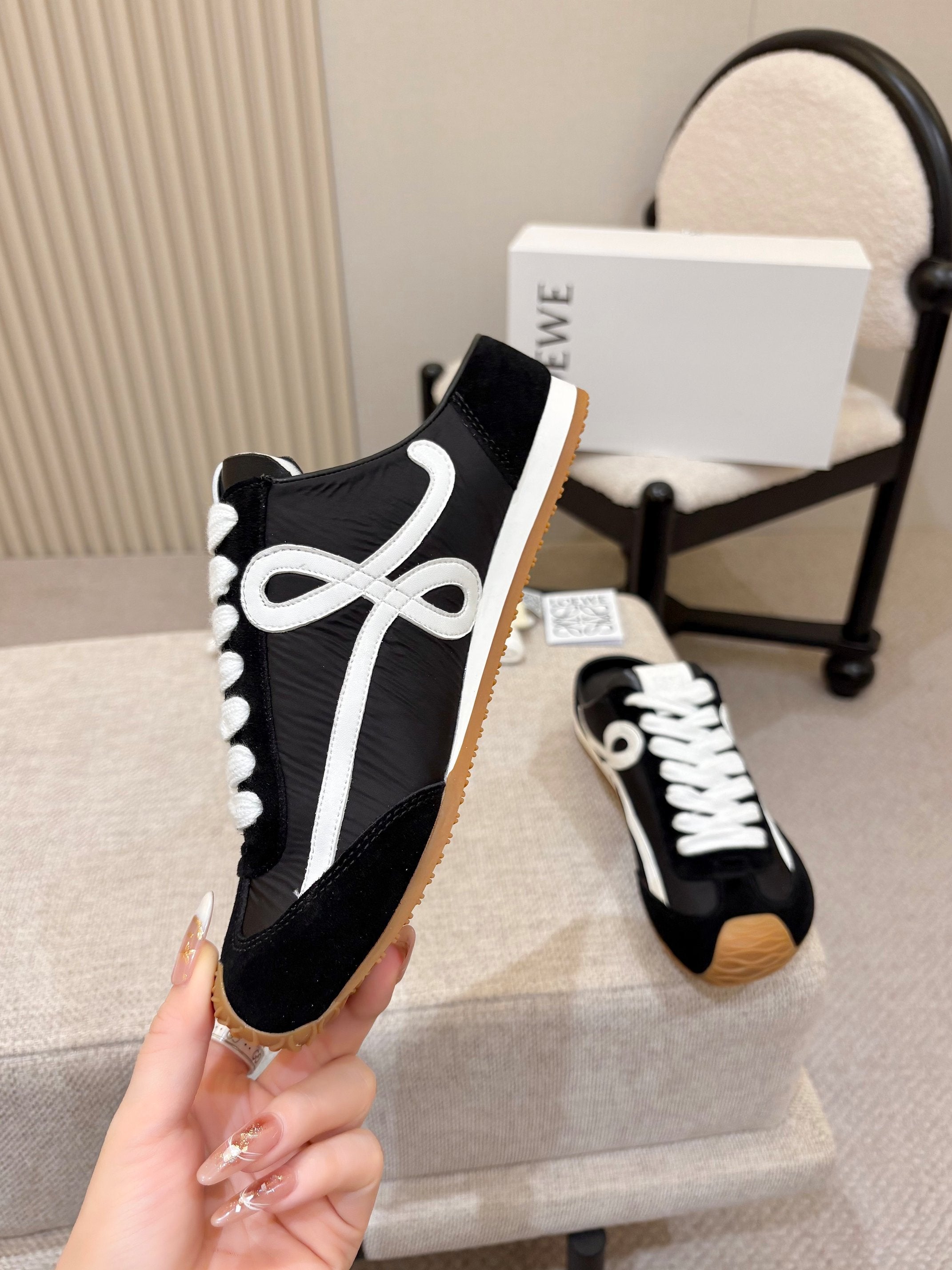 LOEWE 26S MULE SNEAKERS IN BLACK WHITE SUEDE AND NYLON