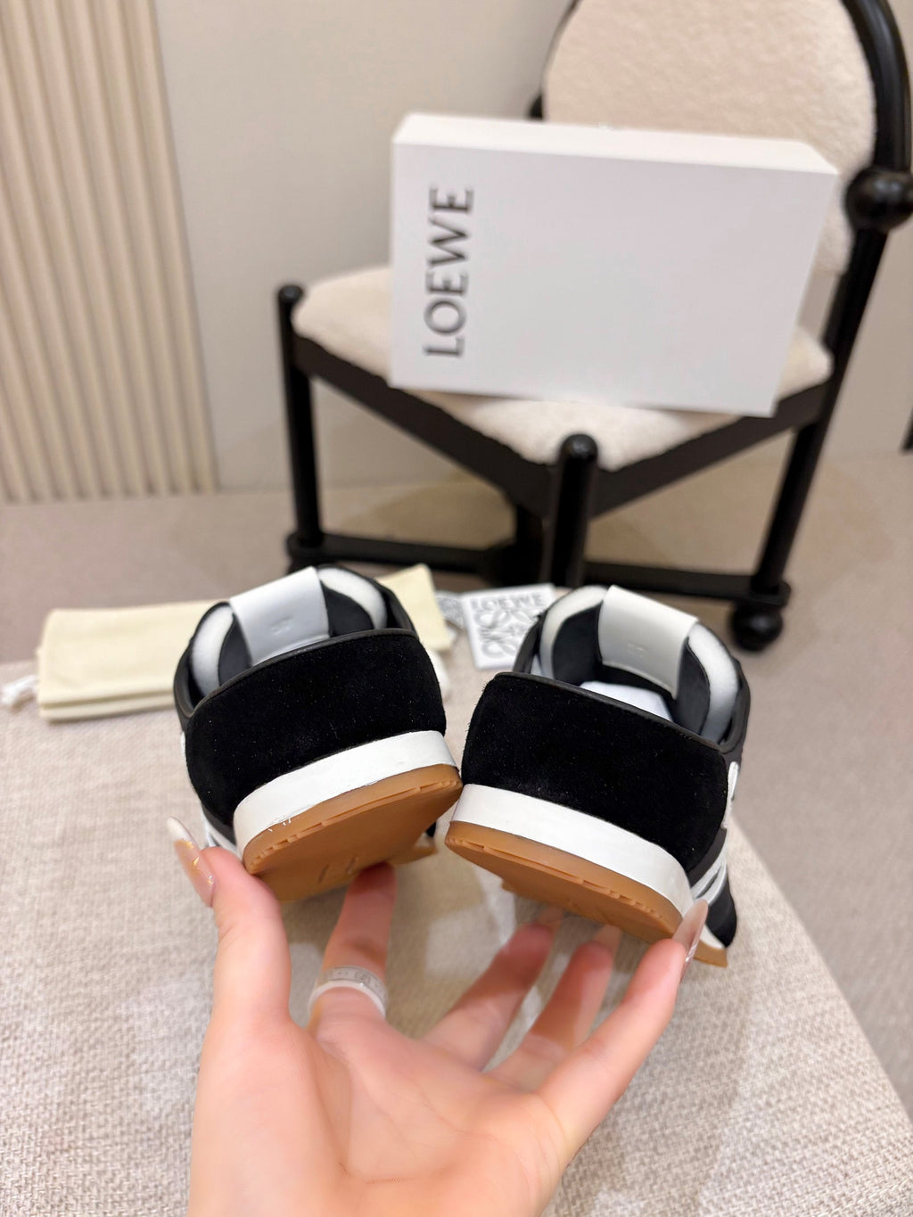 LOEWE 26S MULE SNEAKERS IN BLACK WHITE SUEDE AND NYLON