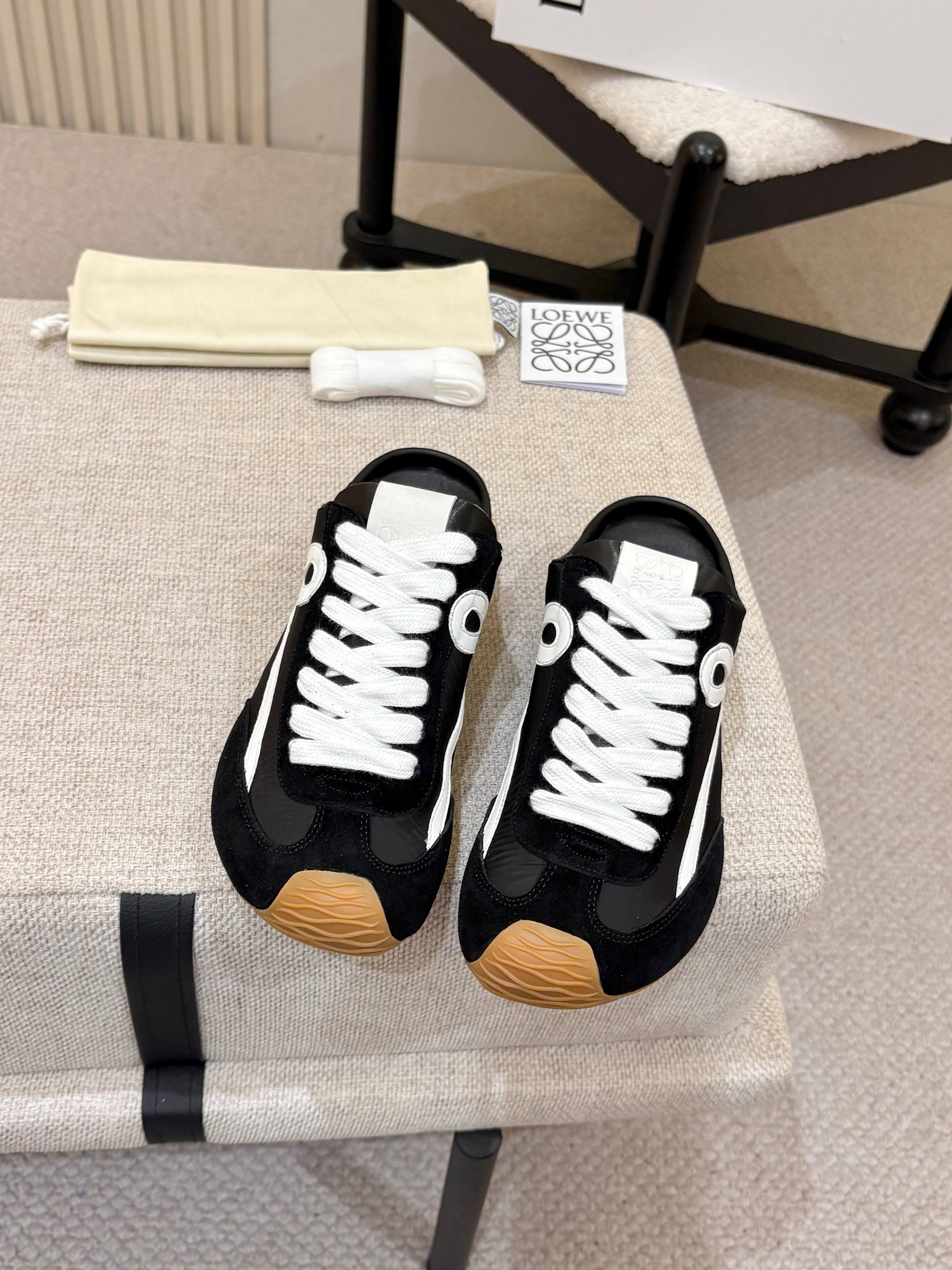 LOEWE 26S MULE SNEAKERS IN BLACK WHITE SUEDE AND NYLON