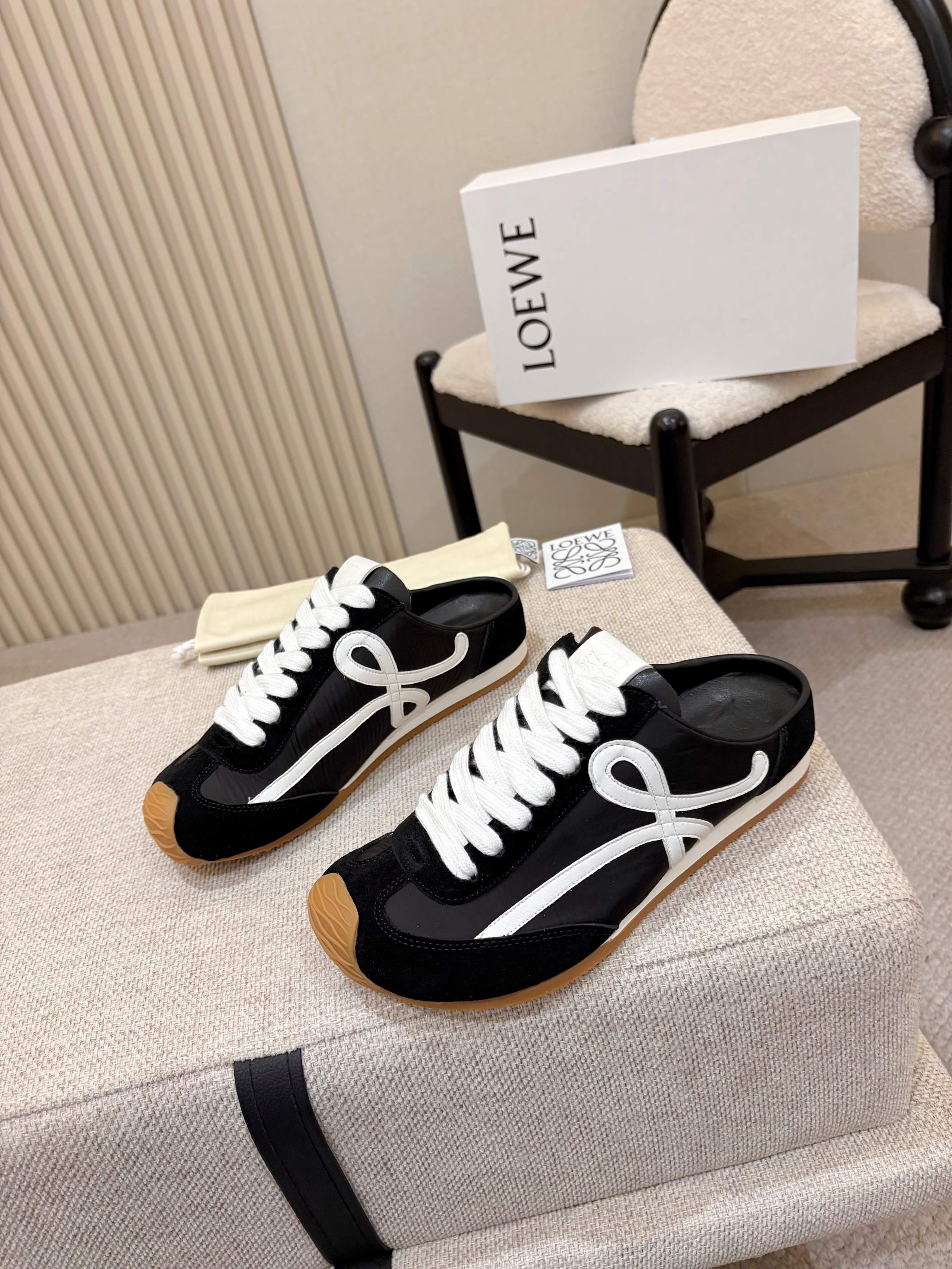 LOEWE 26S MULE SNEAKERS IN BLACK WHITE SUEDE AND NYLON