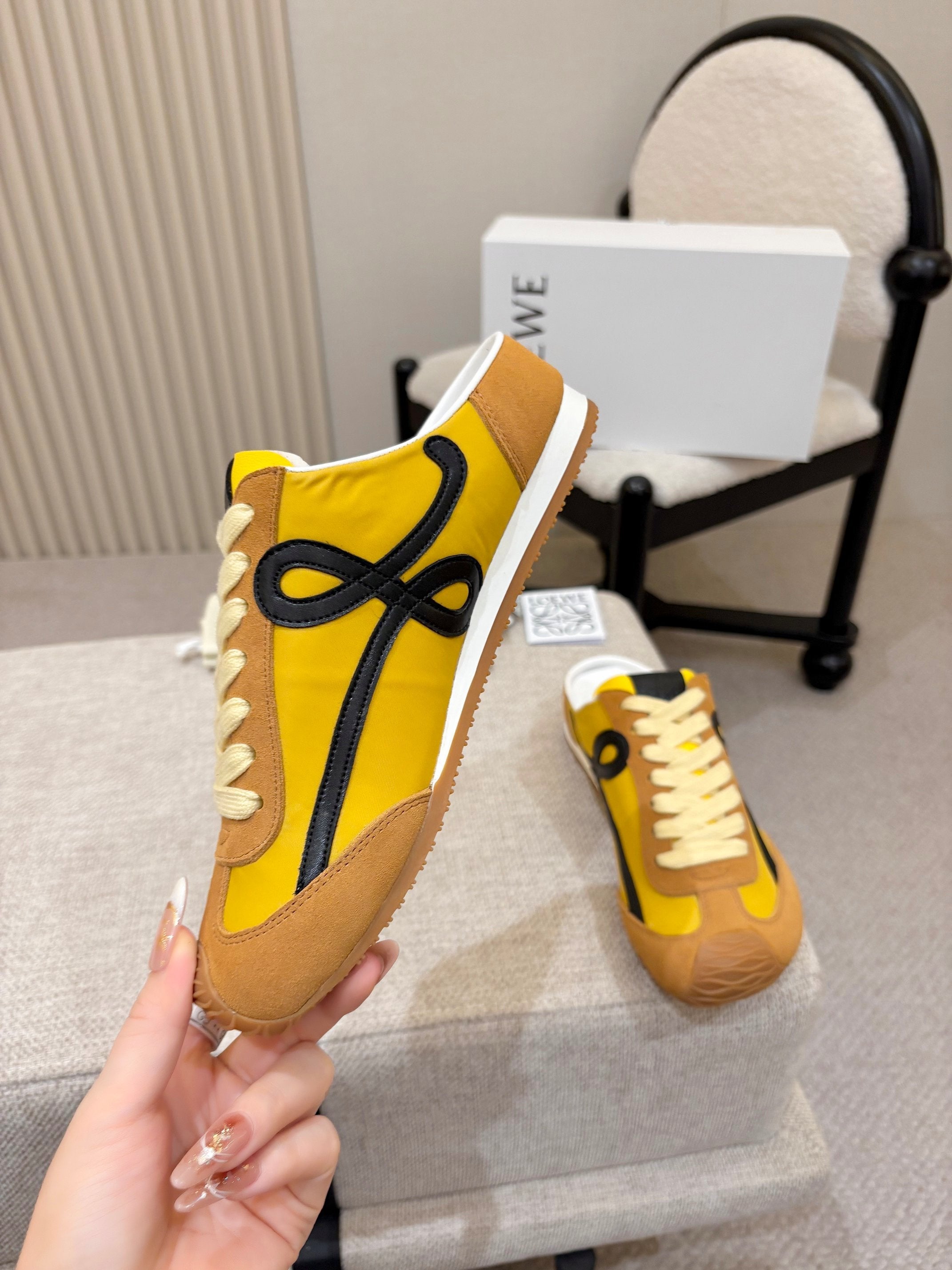 LOEWE 26S MULE SNEAKERS IN YELLOW AND TAN BROWN SUEDE AND NYLON